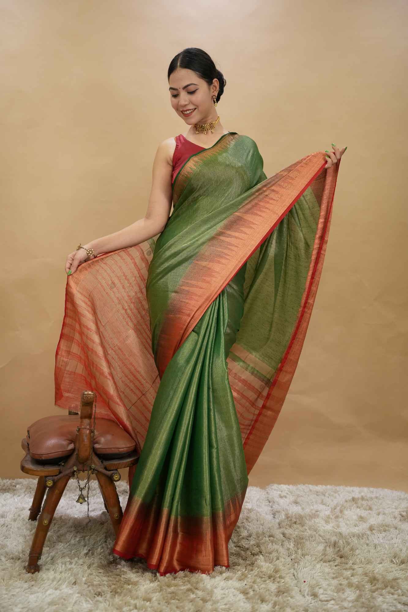 Olive Green With Red Contrast Temple Bordered Stone embellished Ready To Wear saree