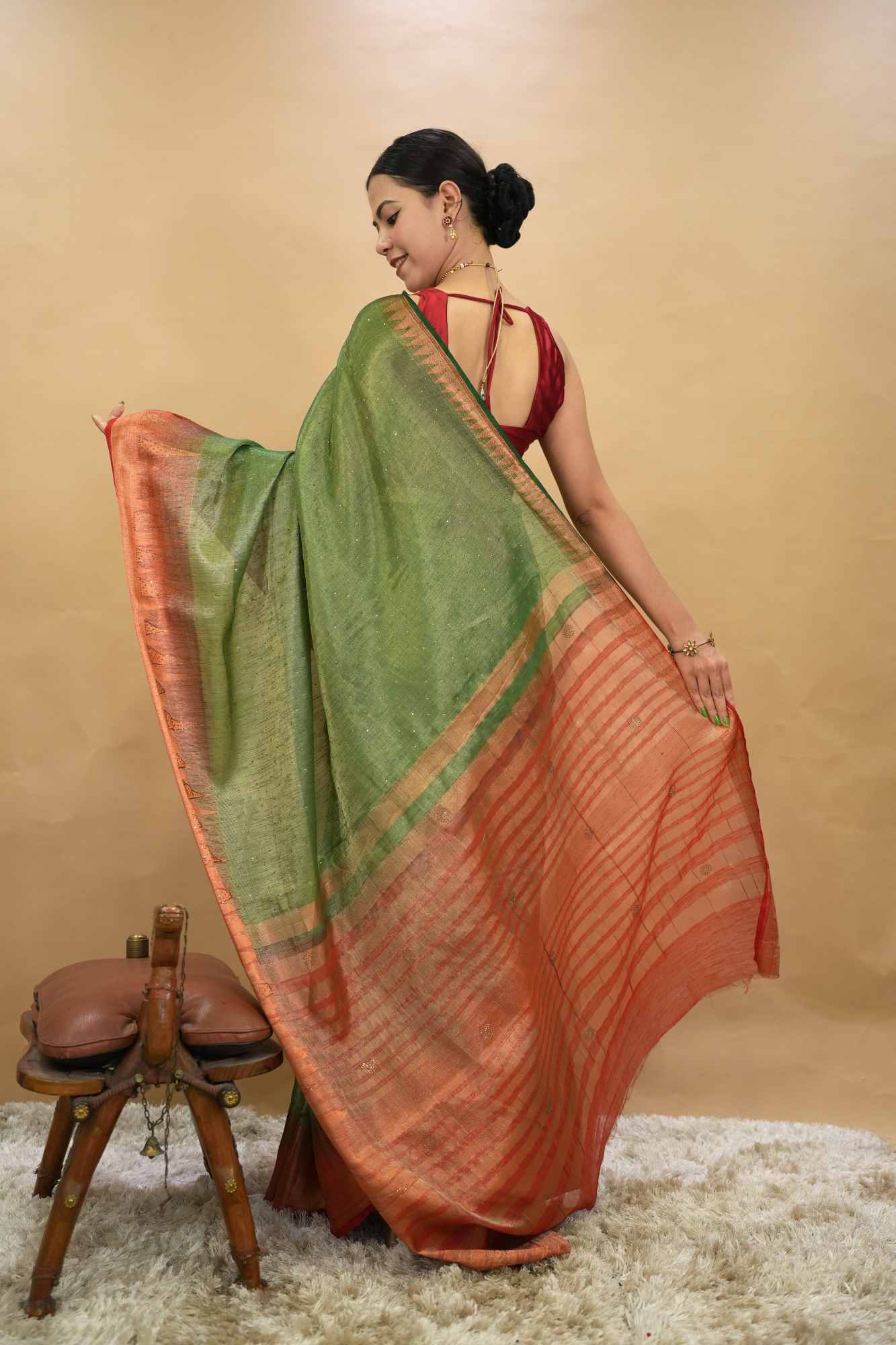 Olive Green With Red Contrast Temple Bordered Stone embellished Ready To Wear saree