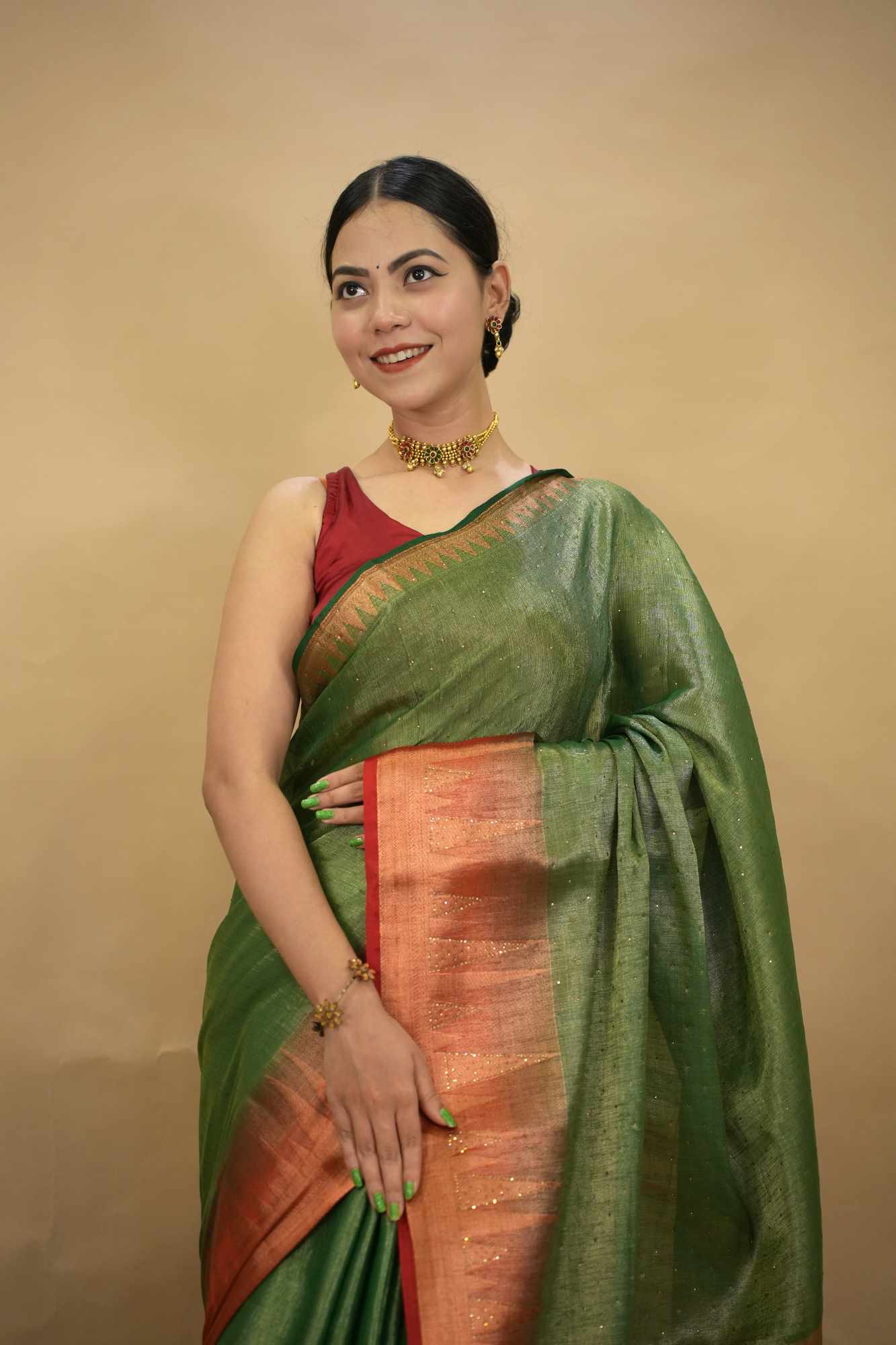 Olive Green With Red Contrast Temple Bordered Stone embellished Ready To Wear saree