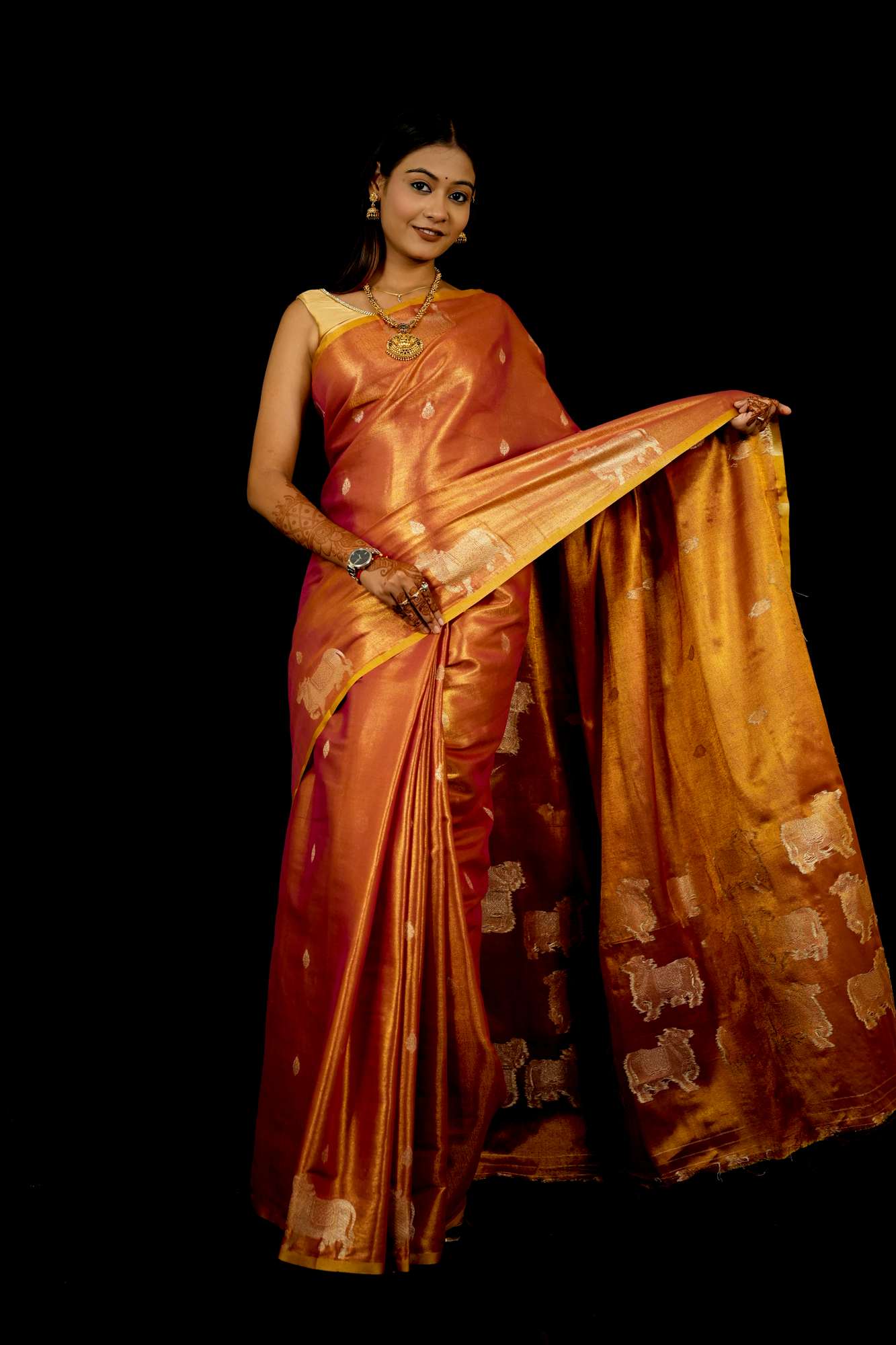 Zari Tissue Silk with Intricate Nandi Motifs Ready To Wear Saree