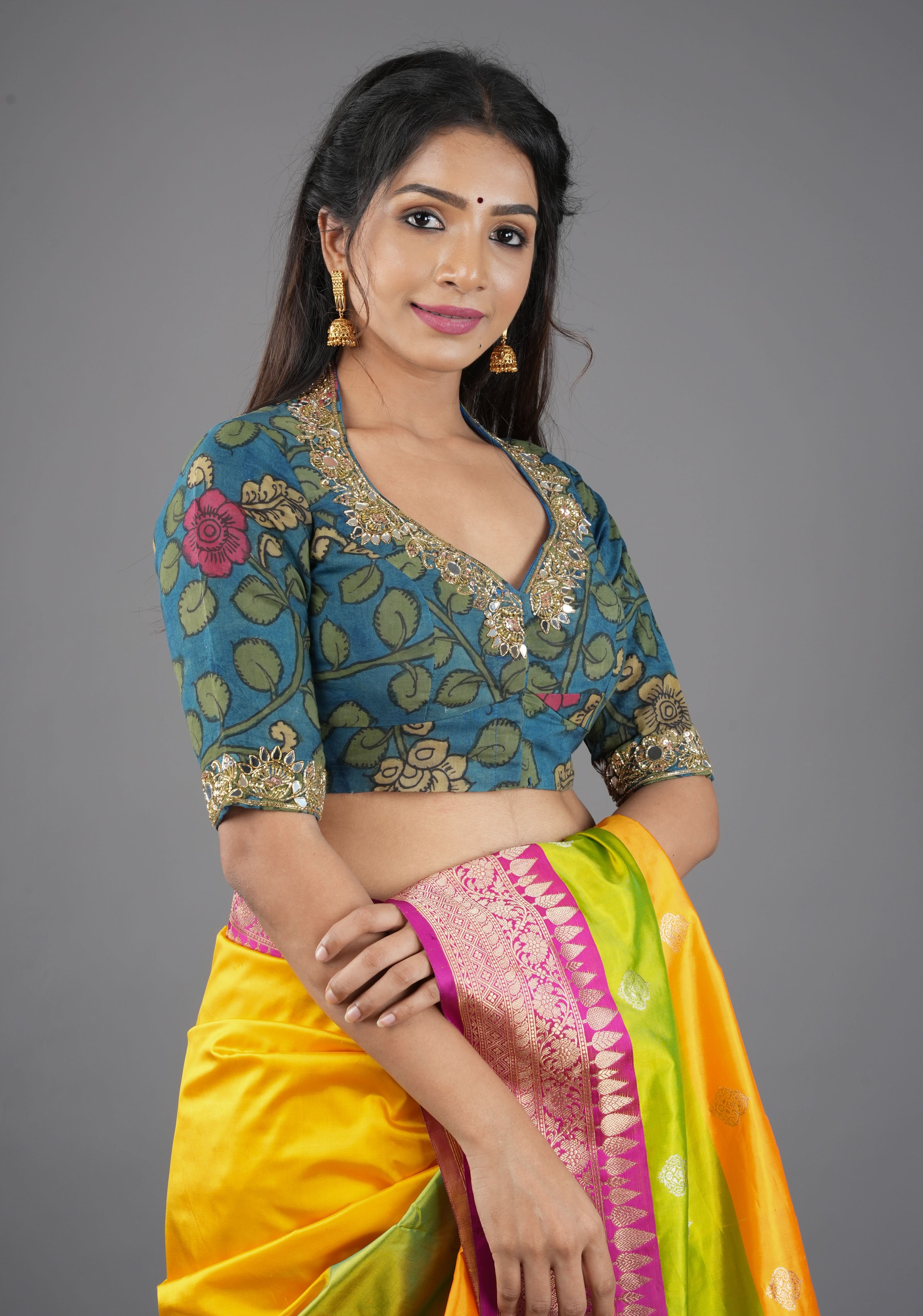 Teal Floral Authentic Pen Kalamkari Blouse with extensive Cutdana and Mirror work detailing, Customizable, Made To Order | Shobitam
