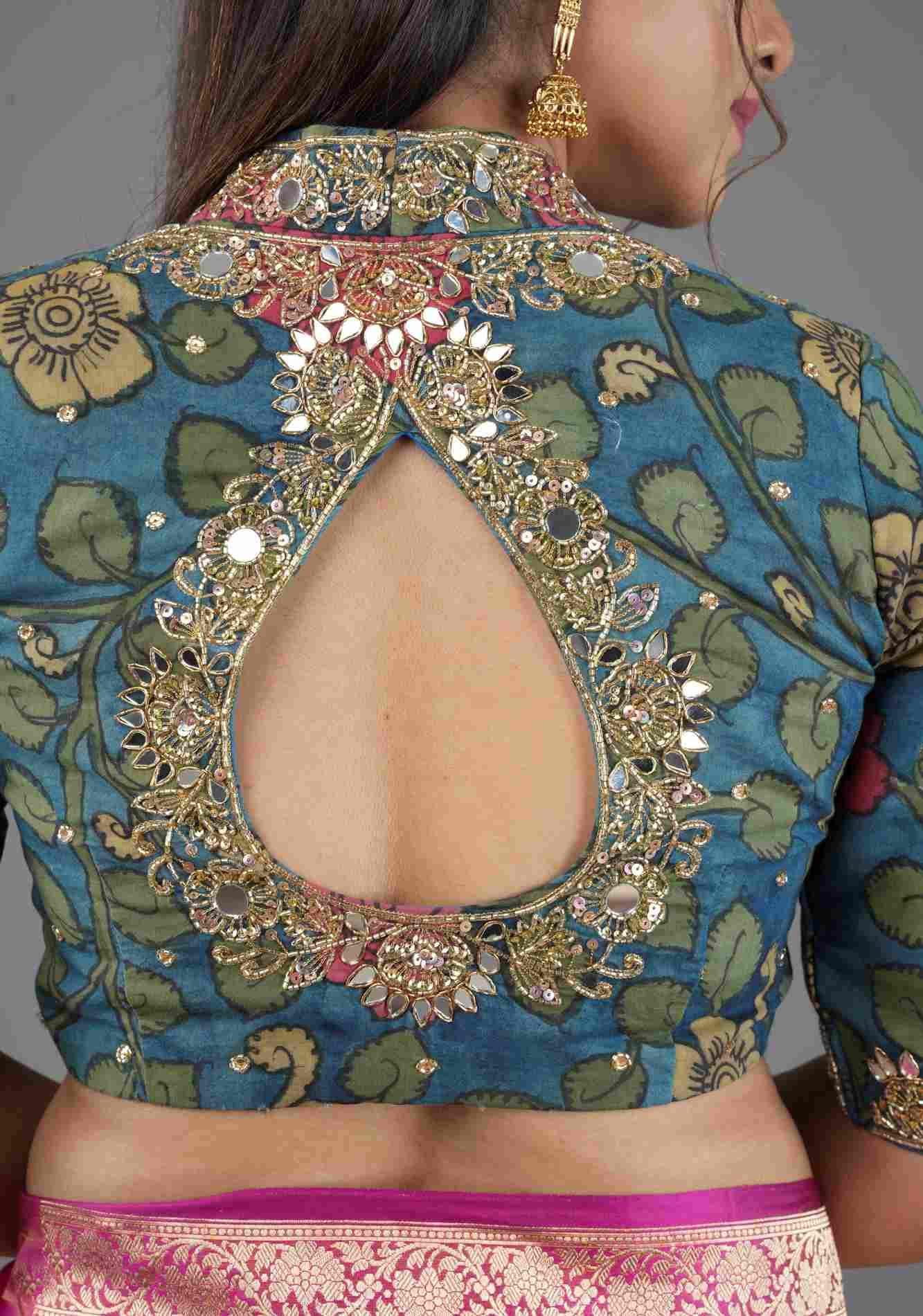 Teal Floral Authentic Pen Kalamkari Blouse with extensive Cutdana and Mirror work detailing, Customizable, Made To Order