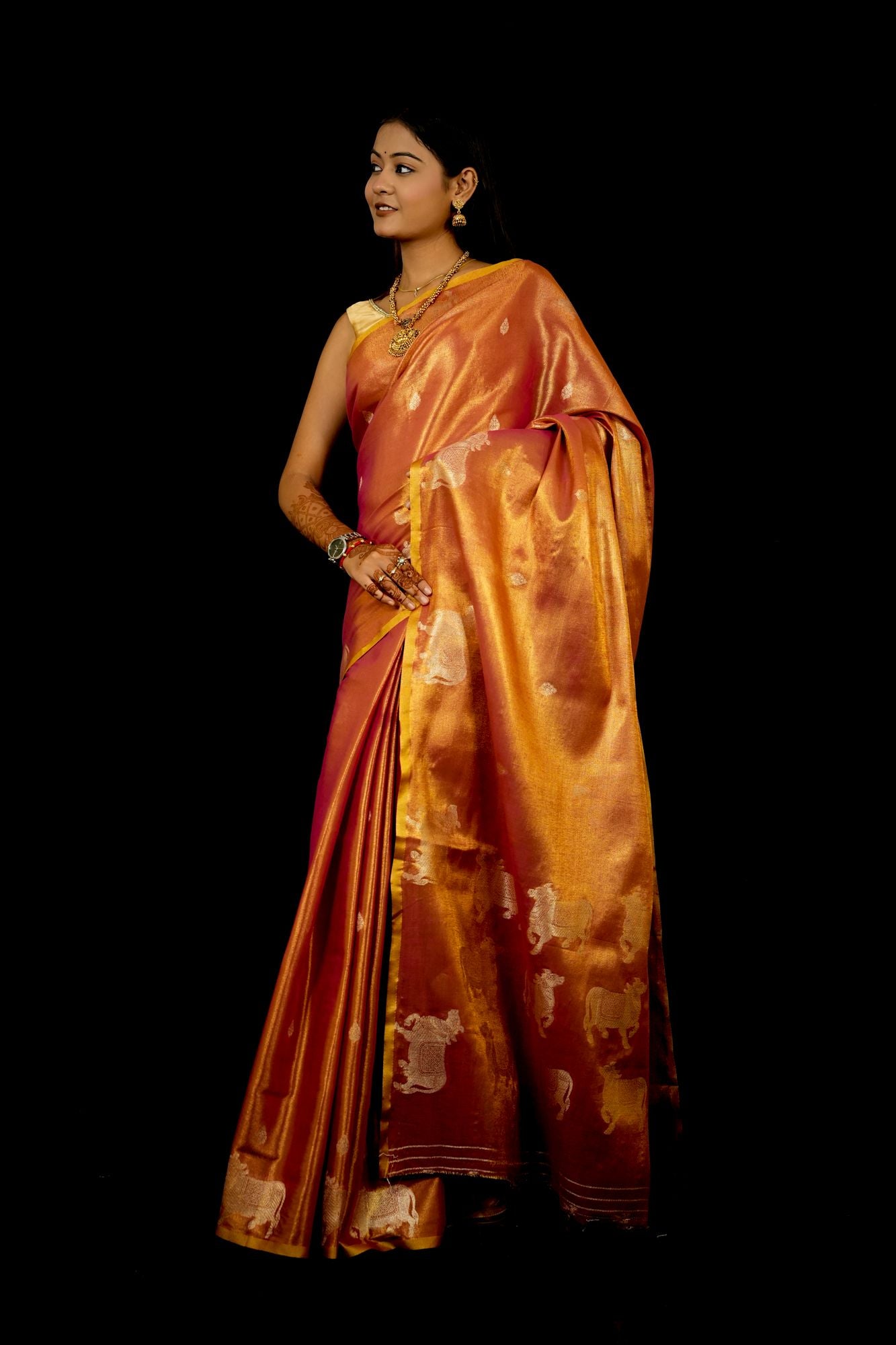 Zari Tissue Silk with Intricate Nandi Motifs Ready To Wear Saree