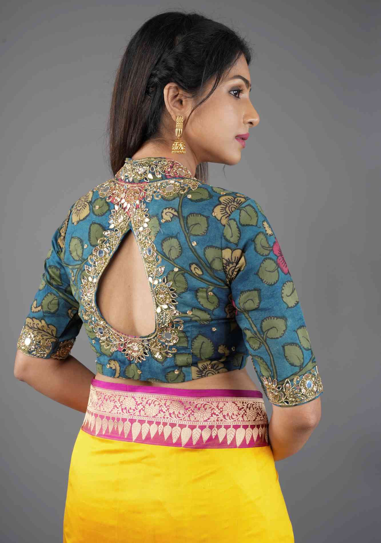 Teal Floral Authentic Pen Kalamkari Blouse with extensive Cutdana and Mirror work detailing, Customizable, Made To Order