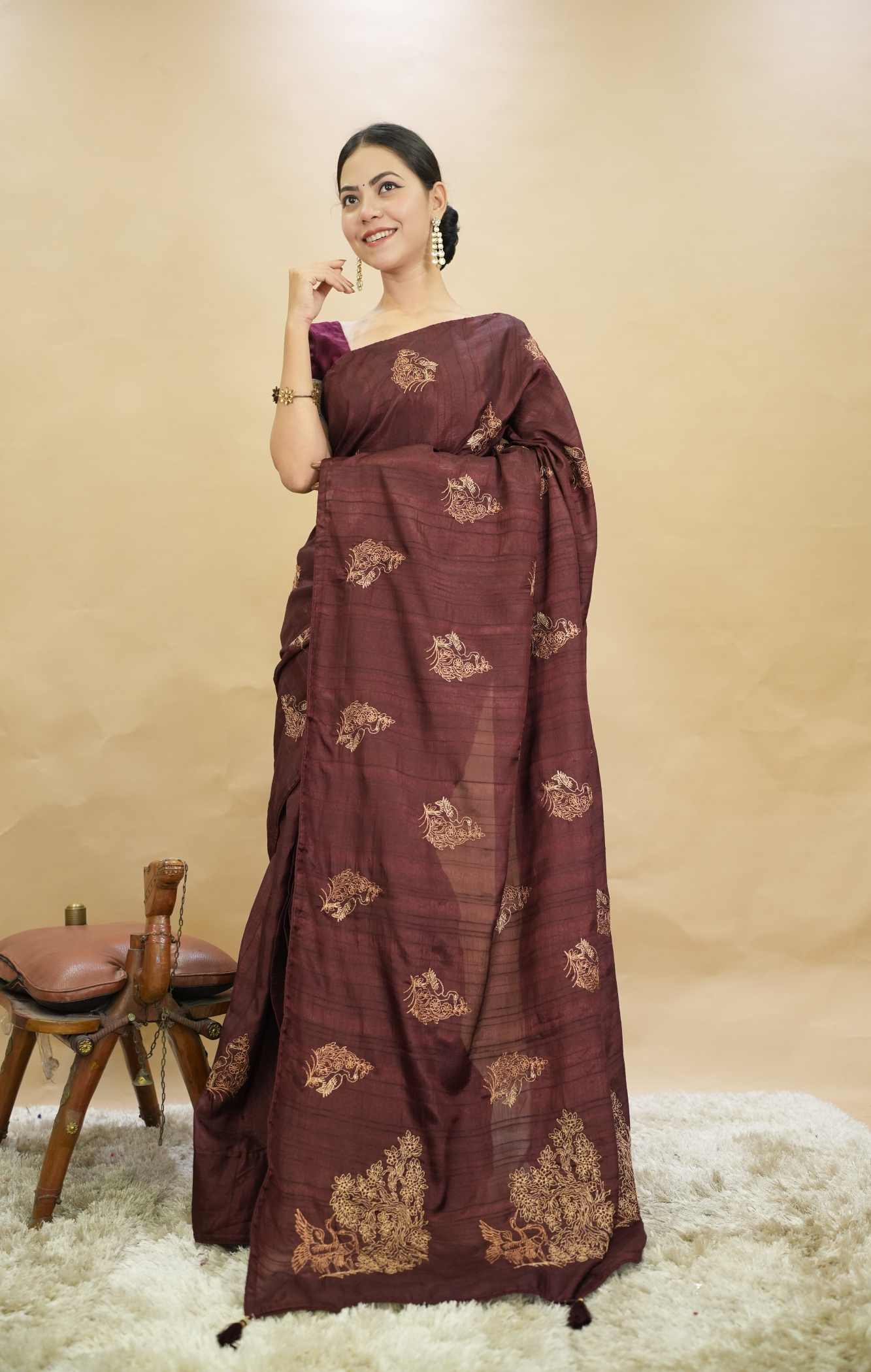 Maroon Cotton Silk  Zari Golden Embroidery With Piping And Tassel On Pallu Wrap in 1 minute Saree