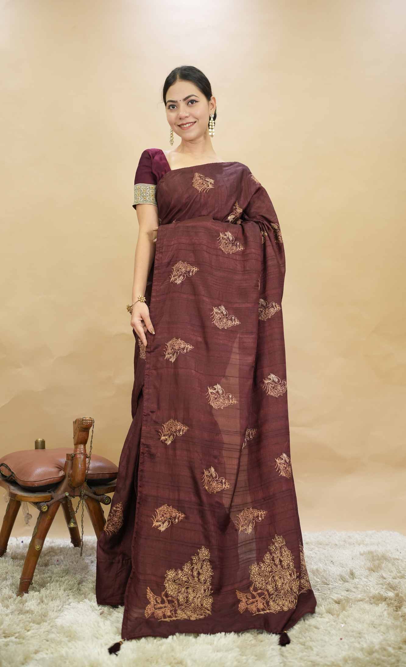 Maroon Cotton Silk  Zari Golden Embroidery With Piping And Tassel On Pallu Wrap in 1 minute Saree