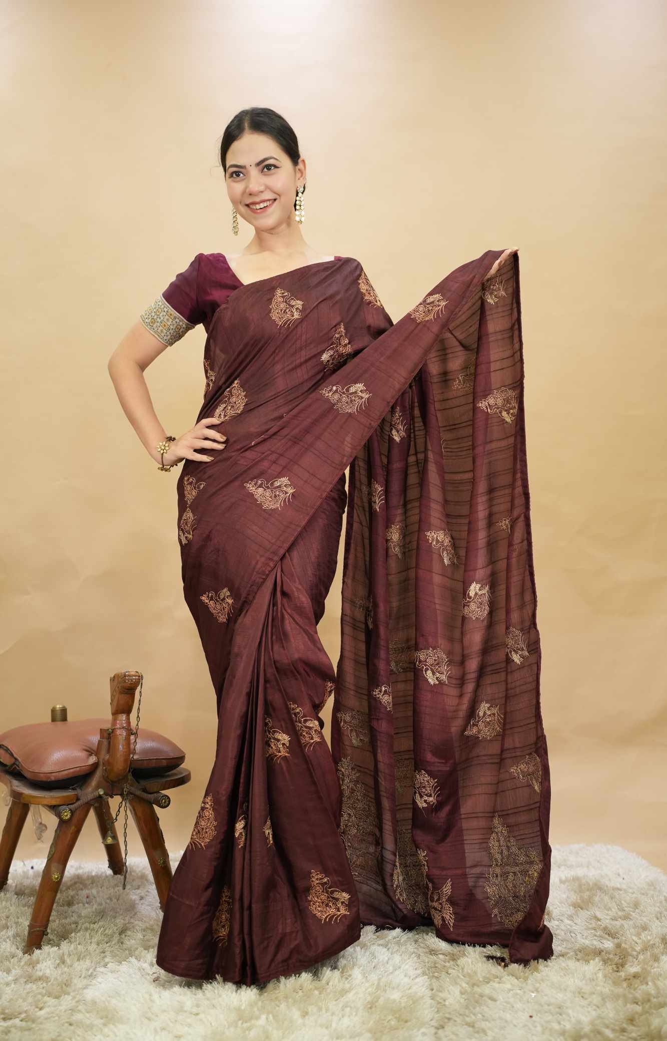 Maroon Cotton Silk  Zari Golden Embroidery With Piping And Tassel On Pallu Wrap in 1 minute Saree