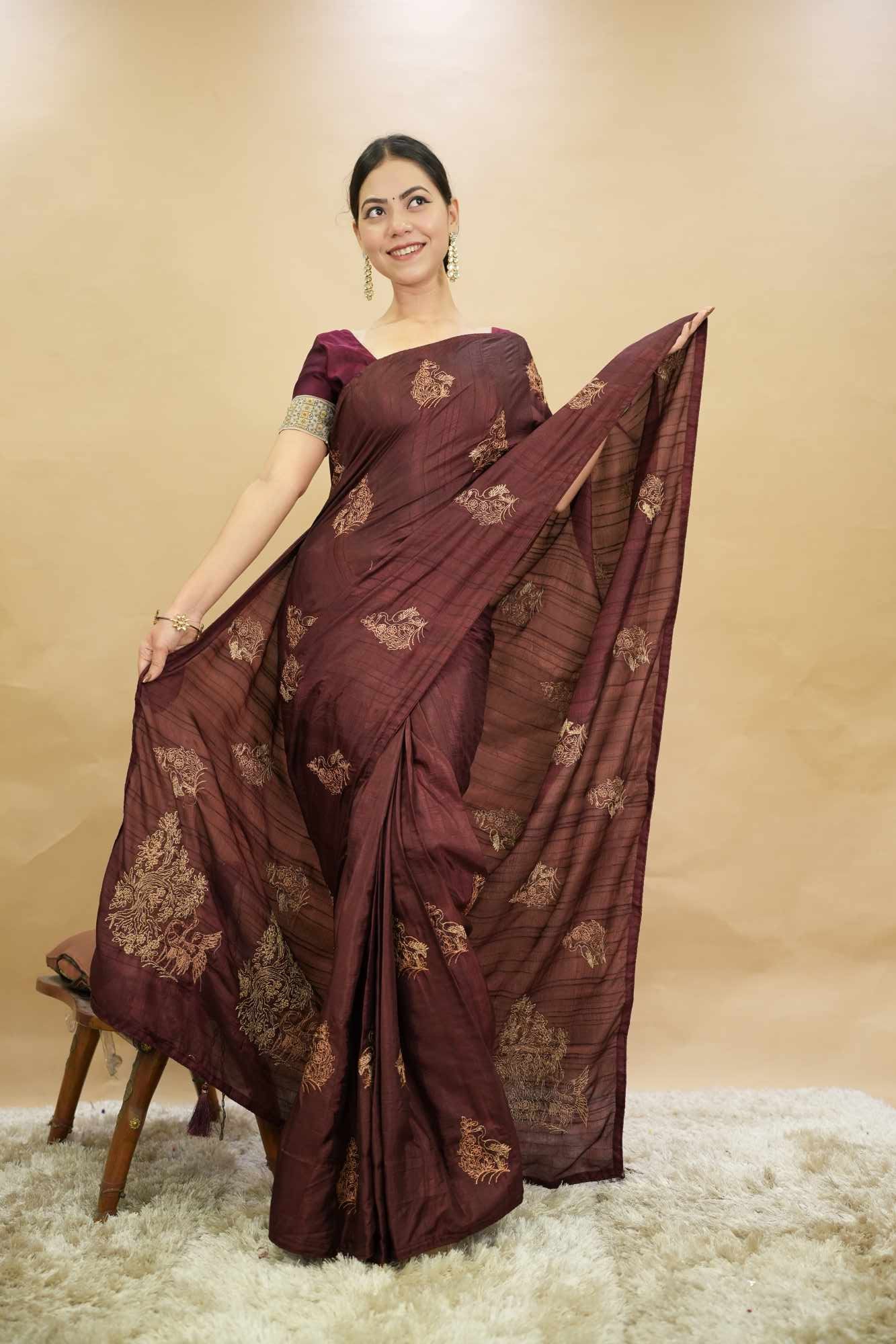 Maroon Cotton Silk  Zari Golden Embroidery With Piping And Tassel On Pallu Wrap in 1 minute Saree