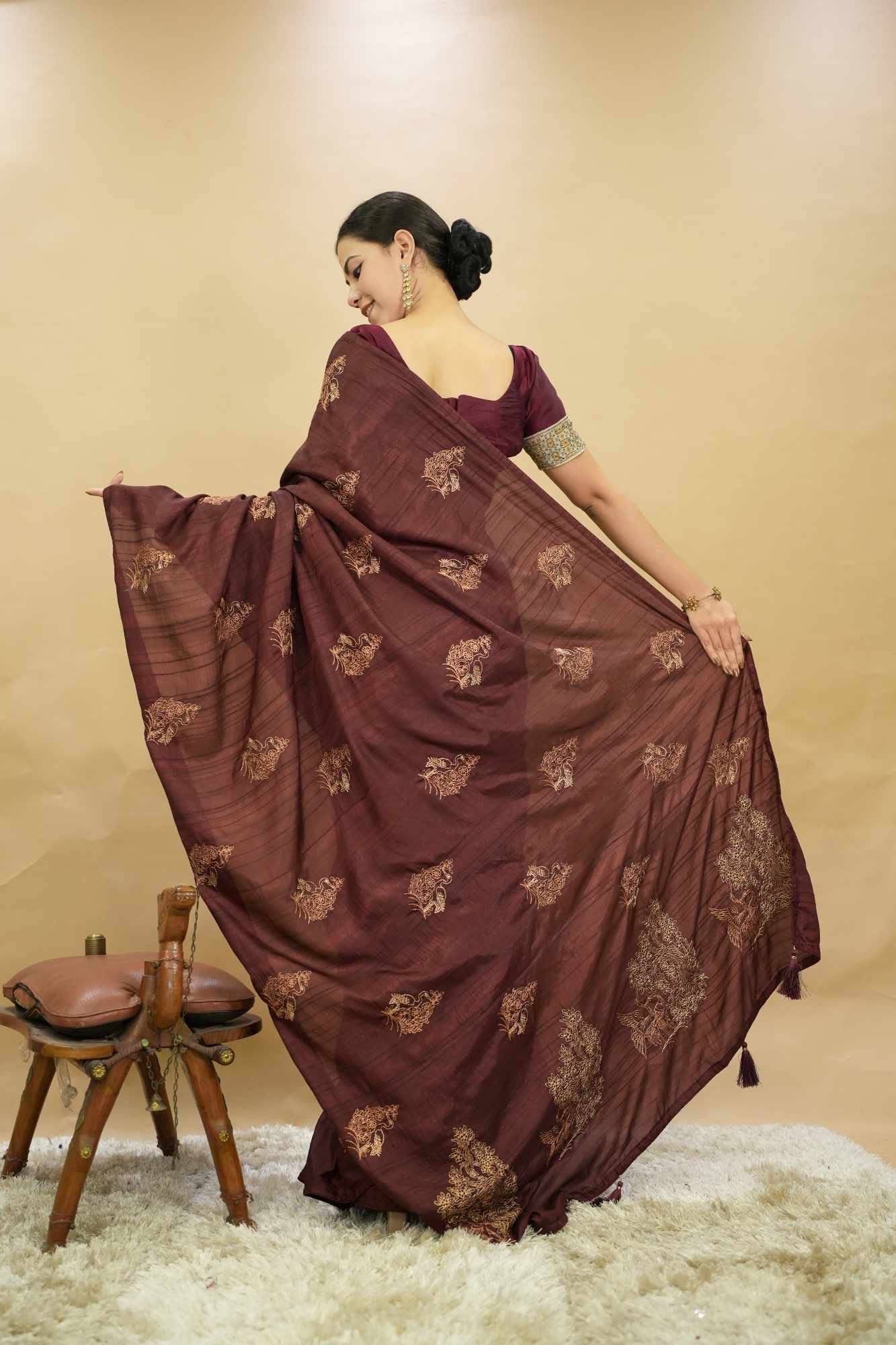 Maroon Cotton Silk  Zari Golden Embroidery With Piping And Tassel On Pallu Wrap in 1 minute Saree