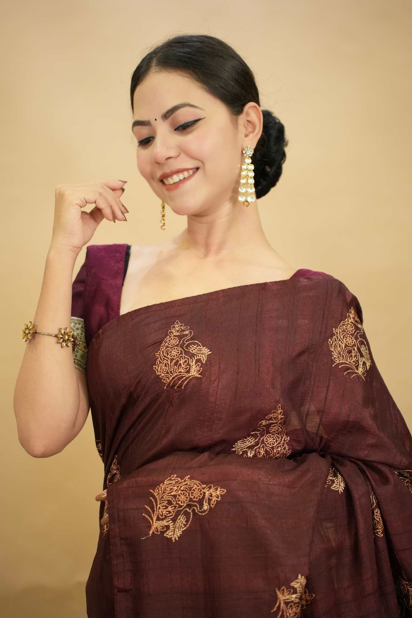 Maroon Cotton Silk  Zari Golden Embroidery With Piping And Tassel On Pallu Wrap in 1 minute Saree