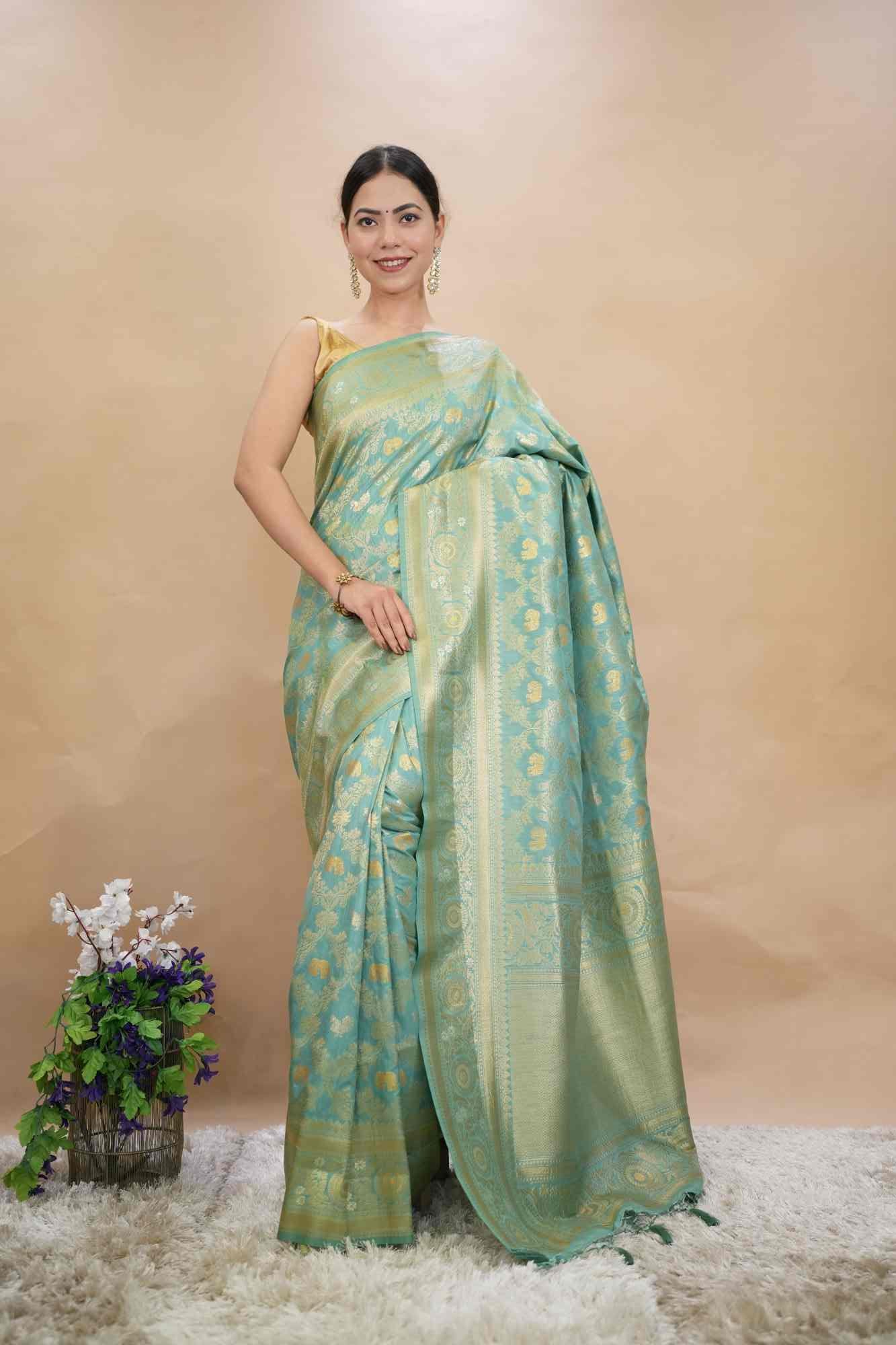 Banarasi Golden Zari Motif Woven With Detailed Border Ornate palla Ready To Wear Saree