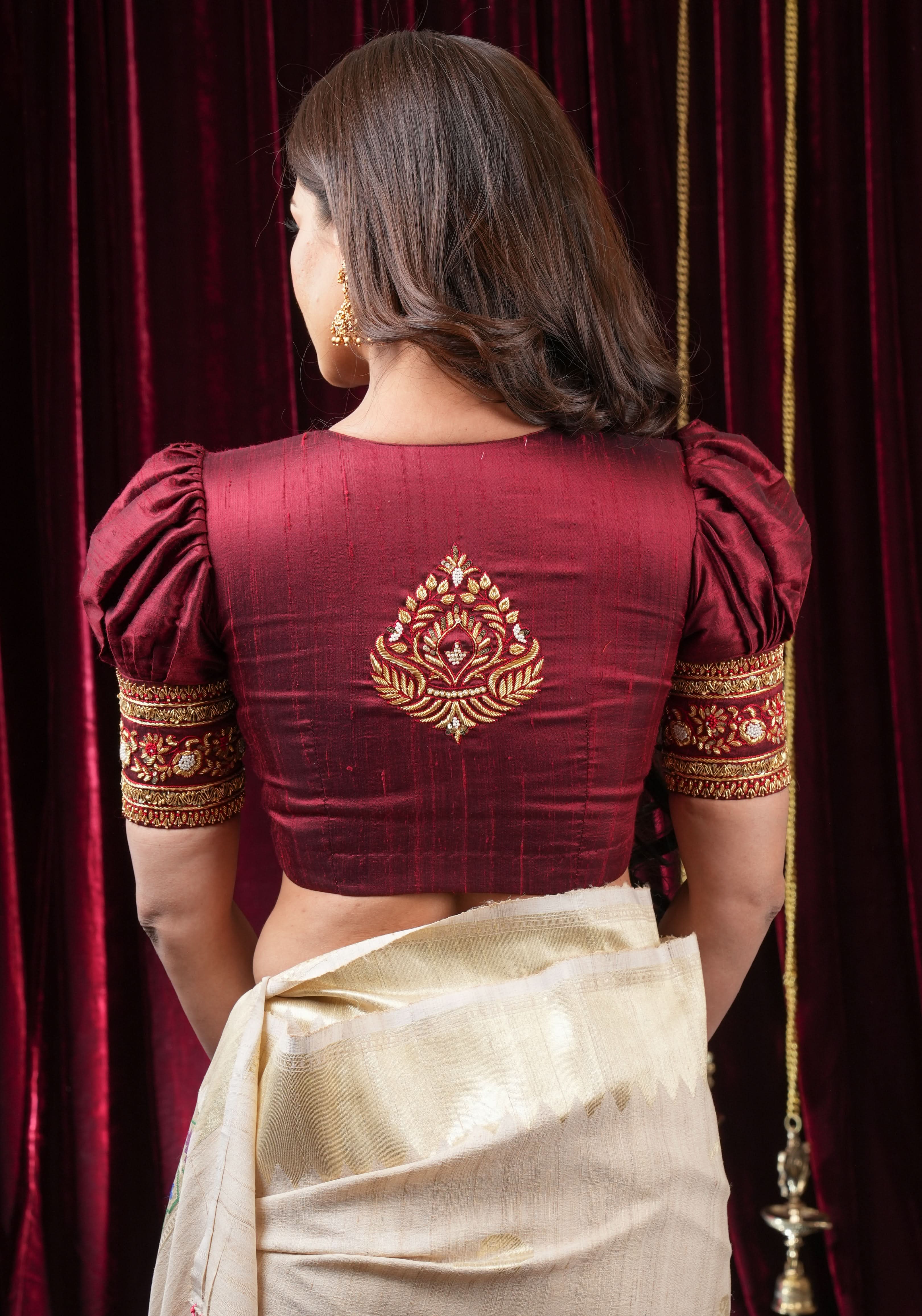 Maroon Pure Raw Silk Blouse with Hand Zardosi detailing and Puff Sleeves, Made to Order | Shobitam