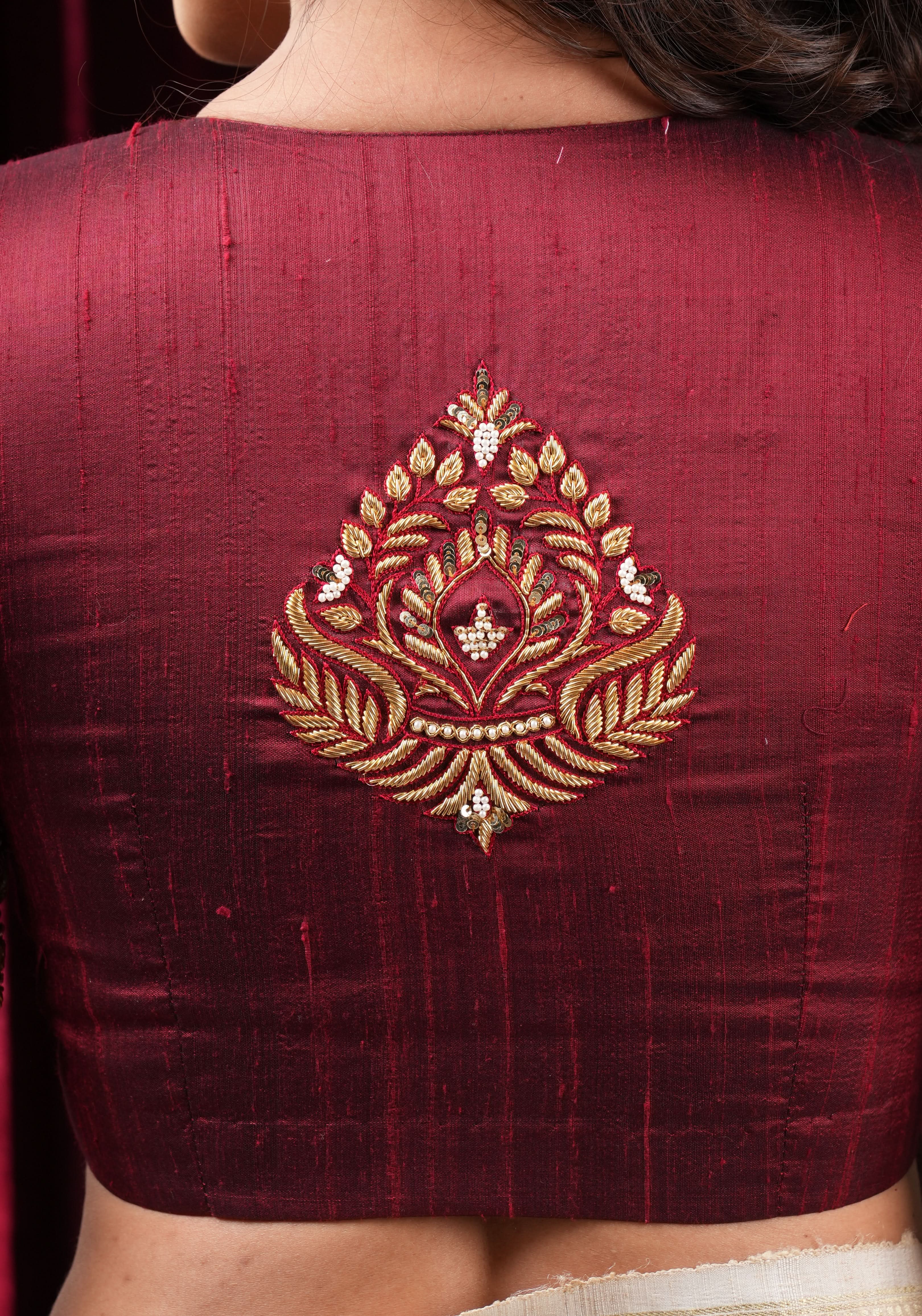 Maroon Pure Raw Silk Blouse with Hand Zardosi detailing and Puff Sleeves, Made to Order | Shobitam