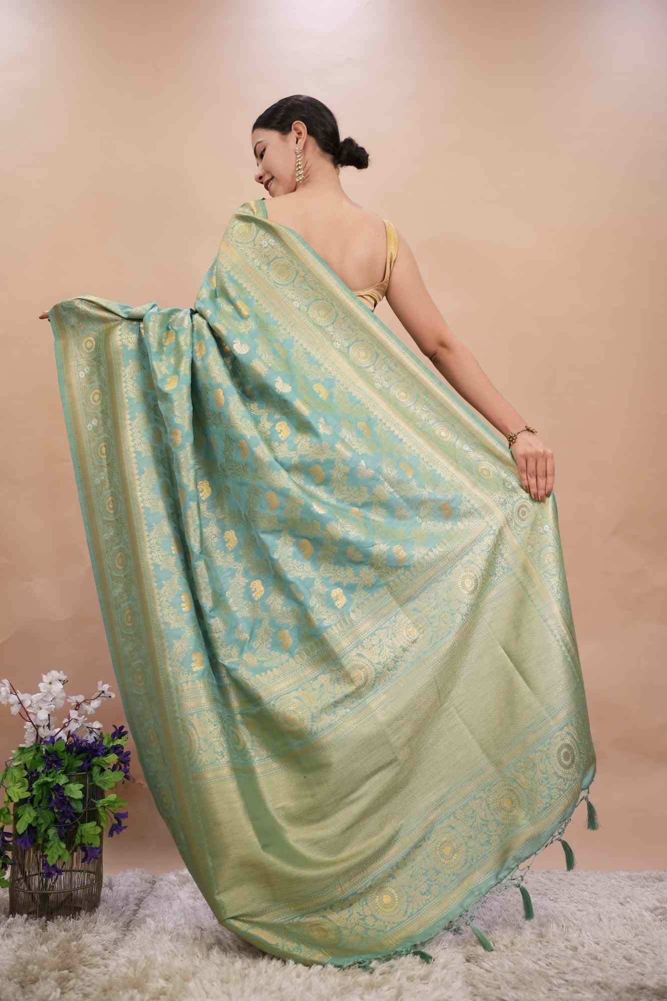 Banarasi Golden Zari Motif Woven With Detailed Border Ornate palla Ready To Wear Saree