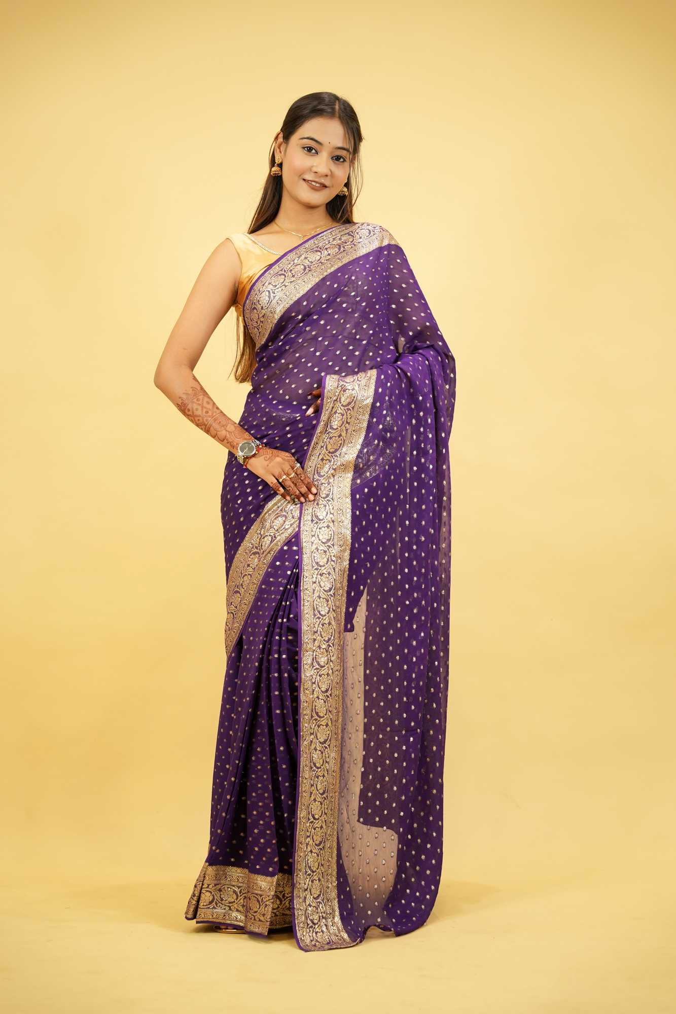Viscose Georgette in Purple with Gold Butti and Intricate Border Ready To Wear Saree