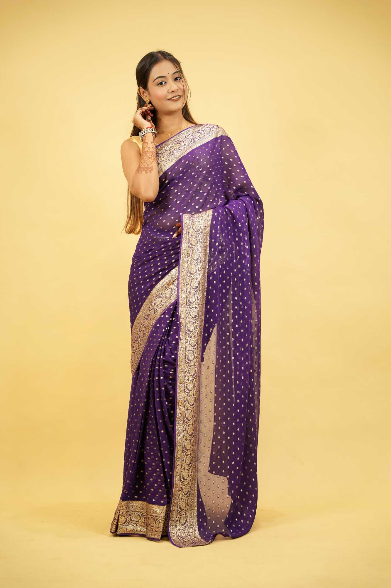 Viscose Georgette in Purple with Gold Butti and Intricate Border Ready To Wear Saree