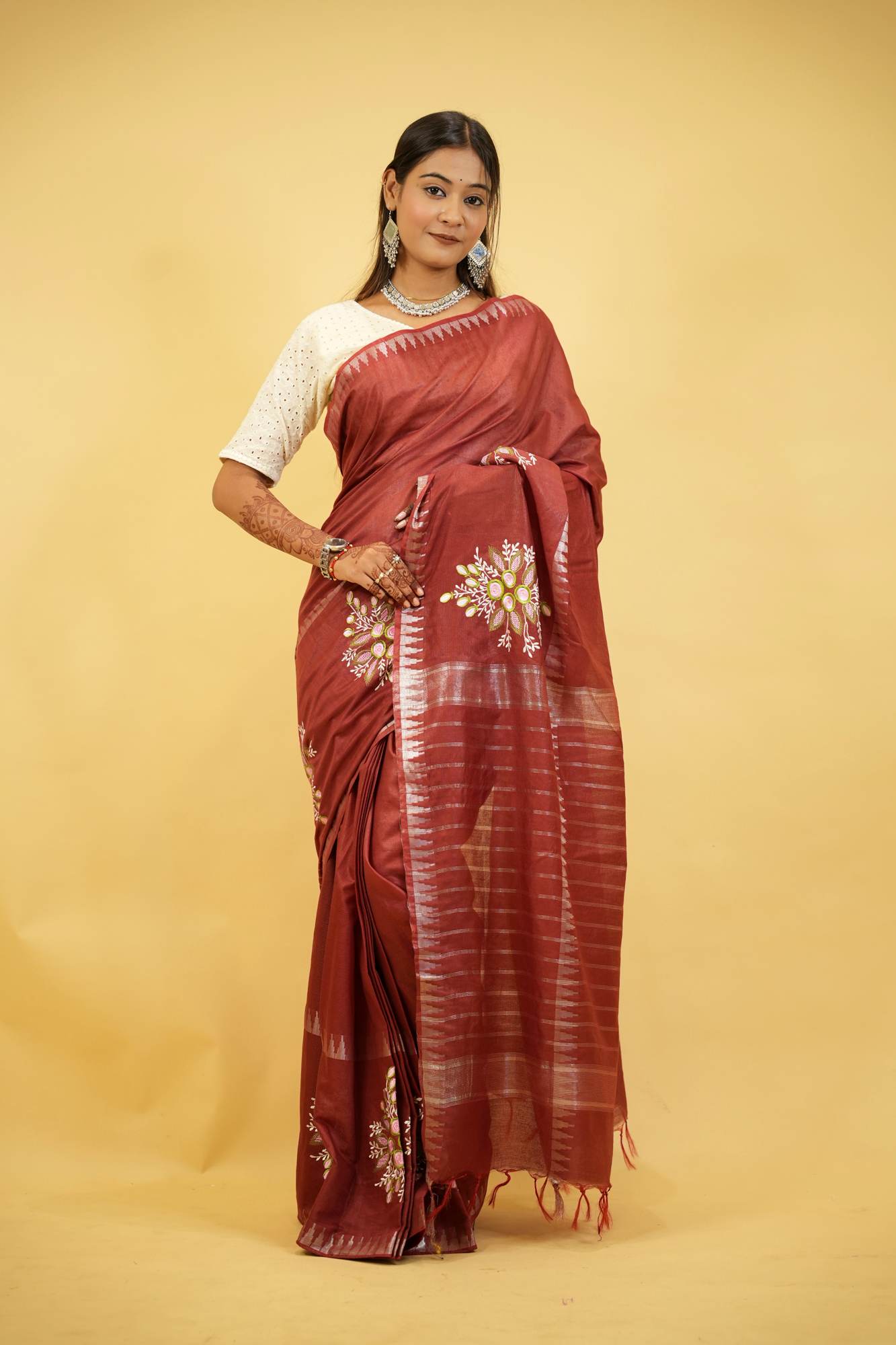 Kota Silk Staple Hand woven With Floral Embroidered Ready To Wear Saree