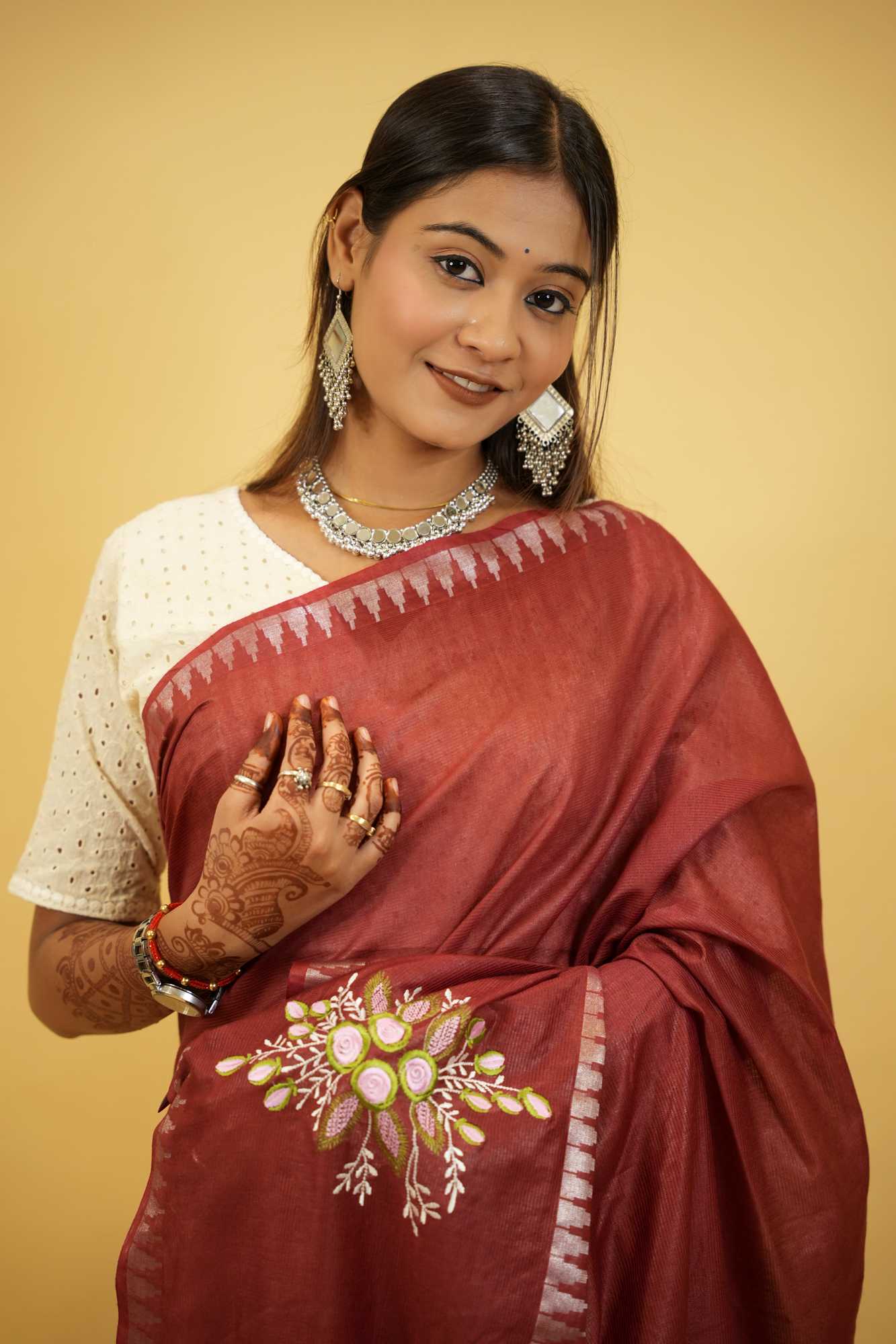 Kota Silk Staple Hand woven With Floral Embroidered Ready To Wear Saree