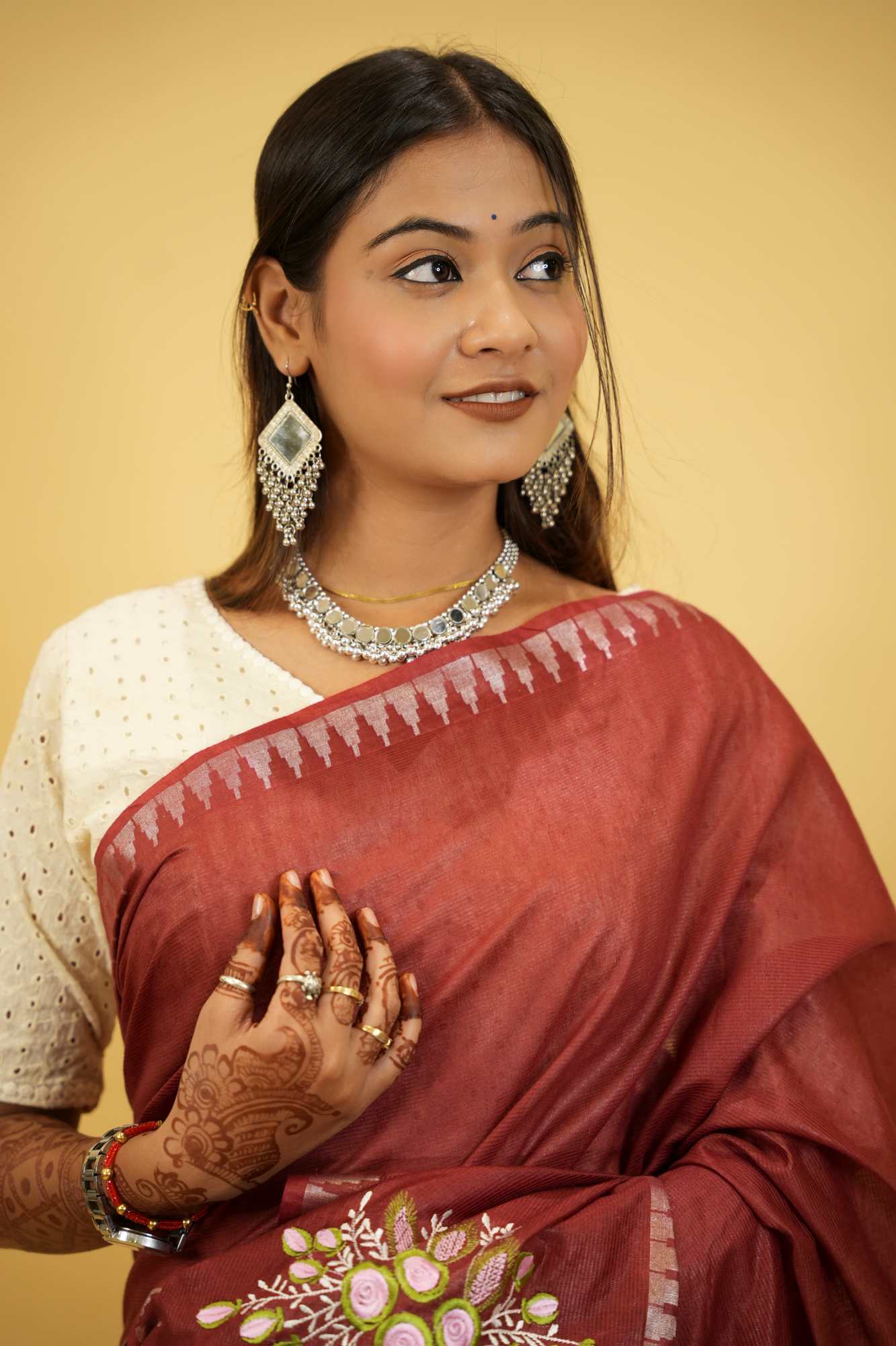 Kota Silk Staple Hand woven With Floral Embroidered Ready To Wear Saree