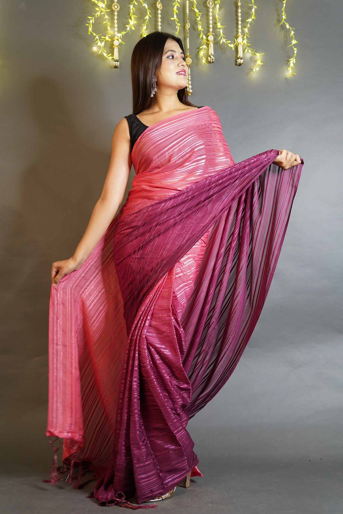 Designer Dual Shade Chiffon and Net Half Half Saree with Wide Cut work –  Glitter Gleam