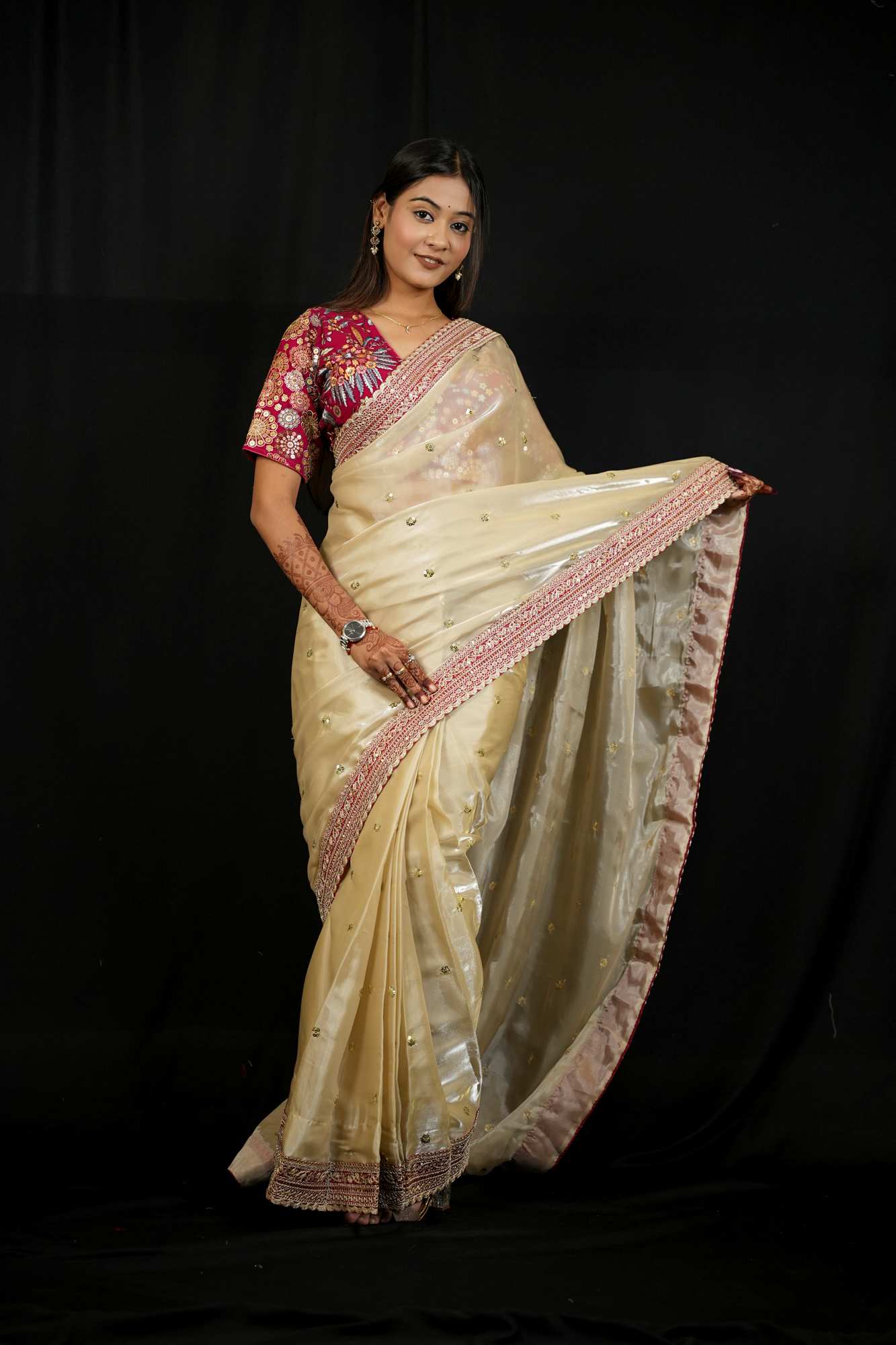 Jimi Chu Fabric with Embroidery Lace Border & Sequin Butti Work Ready To Wear Saree