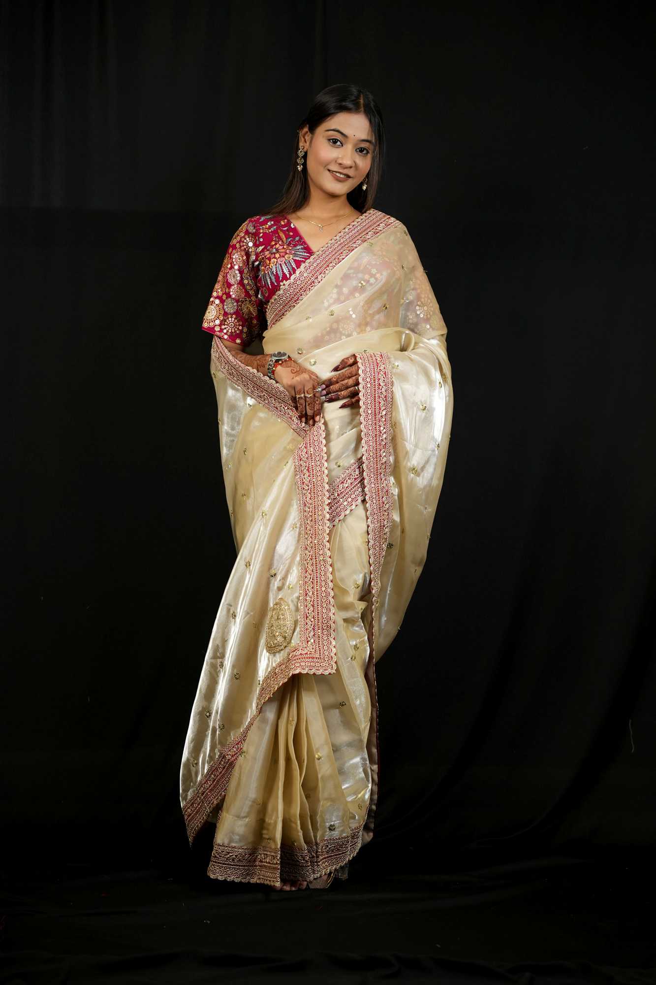 Jimi Chu Fabric with Embroidery Lace Border & Sequin Butti Work Ready To Wear Saree