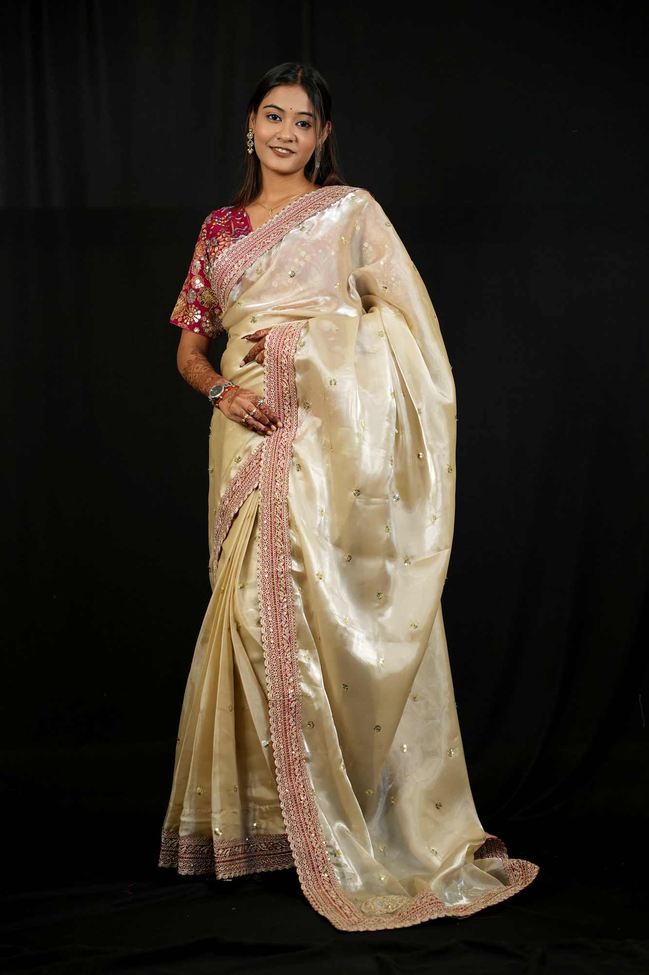 Jimi Chu Fabric with Embroidery Lace Border & Sequin Butti Work Ready To Wear Saree