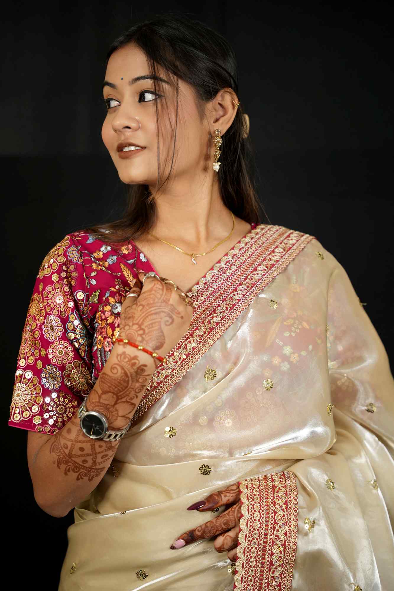 Jimi Chu Fabric with Embroidery Lace Border & Sequin Butti Work Ready To Wear Saree