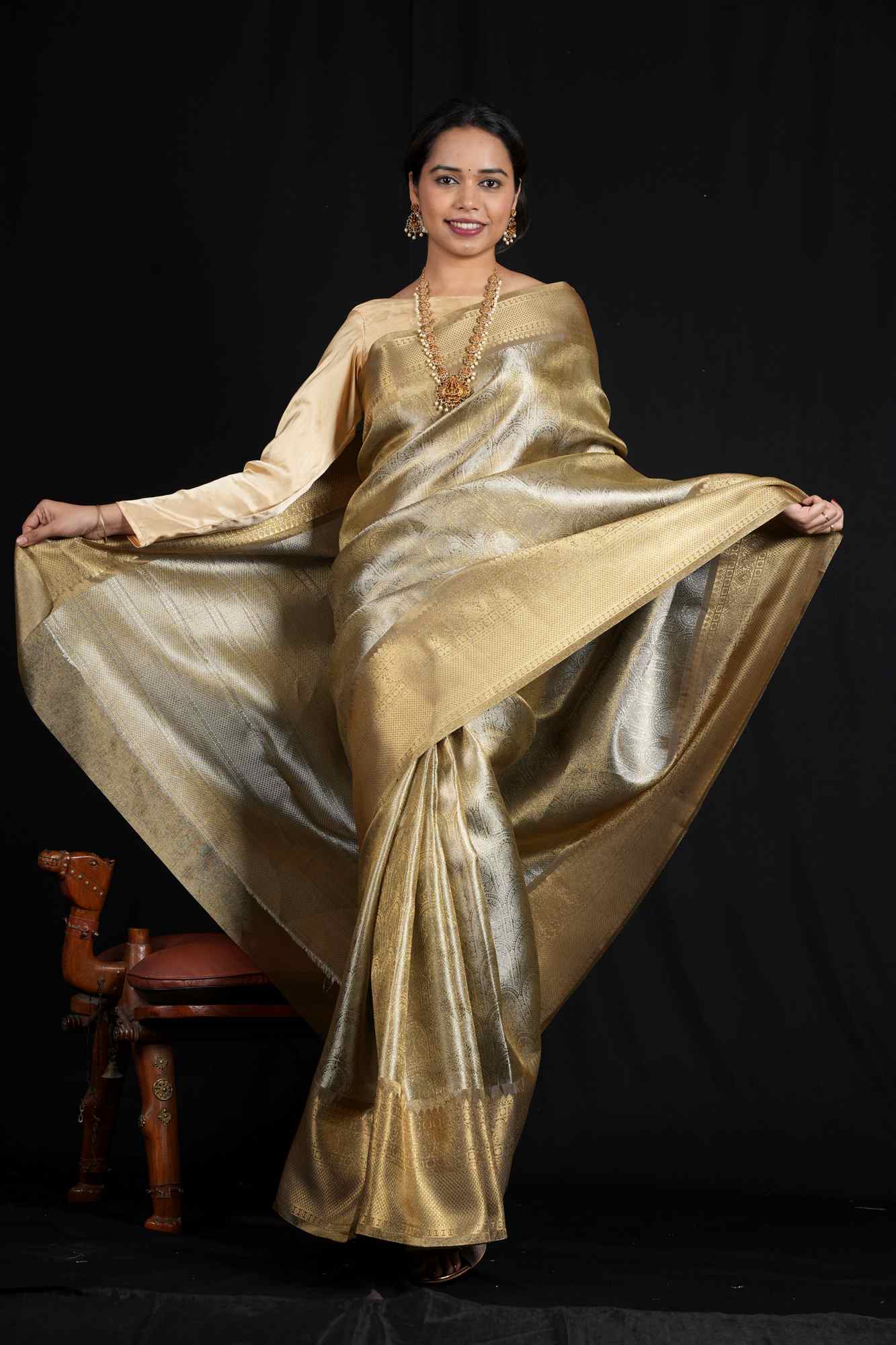 Soft Tissue Silk with Banarasi Motifs & Golden Zari Border Ready To Wear Saree