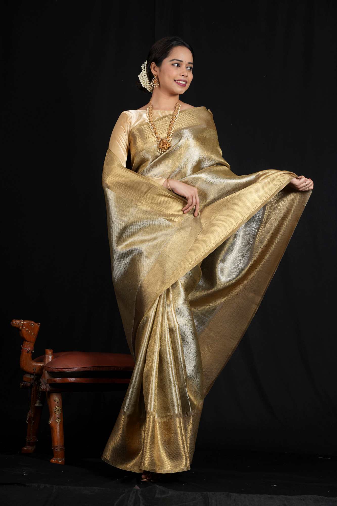 Soft Tissue Silk with Banarasi Motifs & Golden Zari Border Ready To Wear Saree