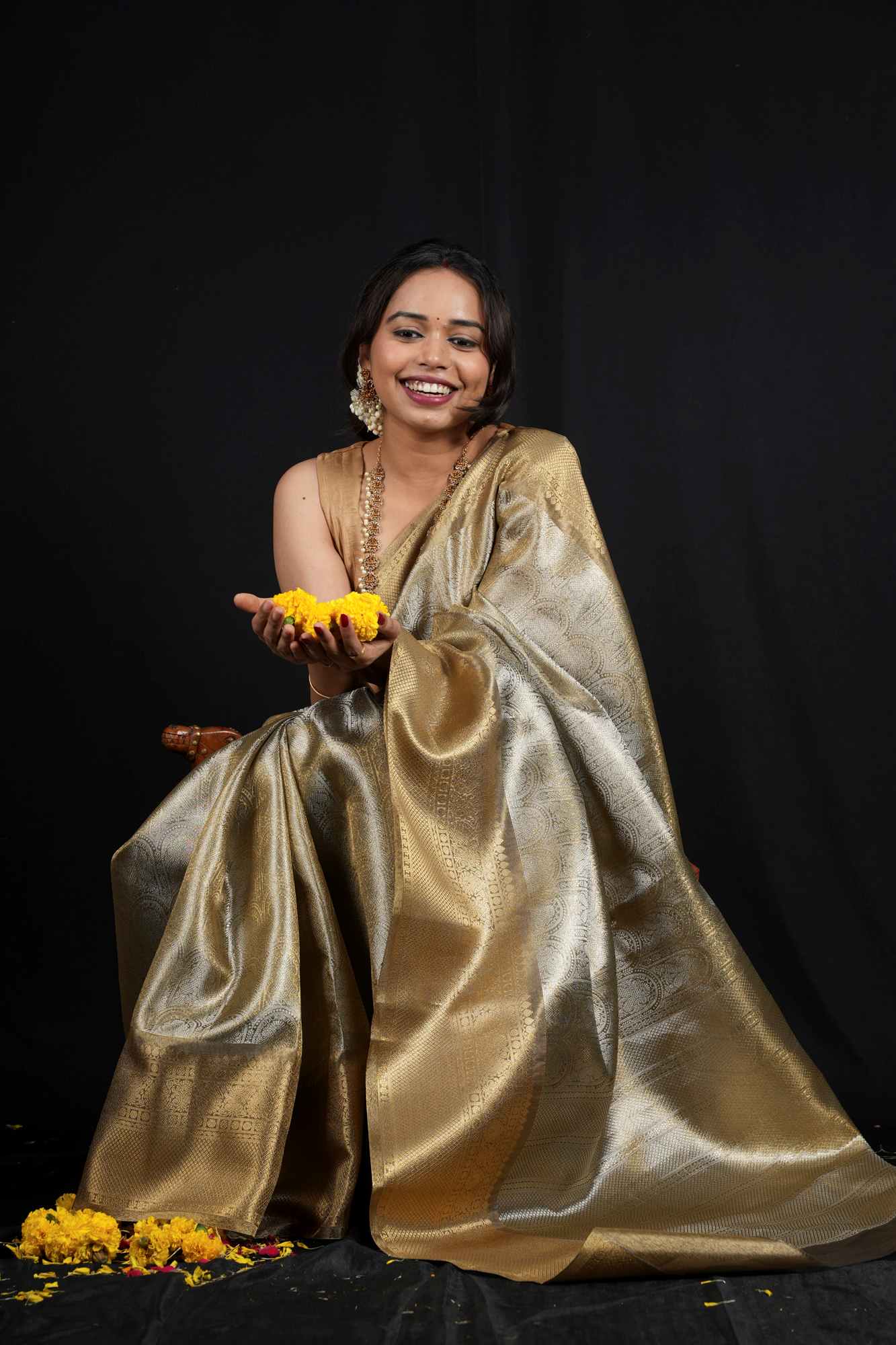 Soft Tissue Silk with Banarasi Motifs & Golden Zari Border Ready To Wear Saree