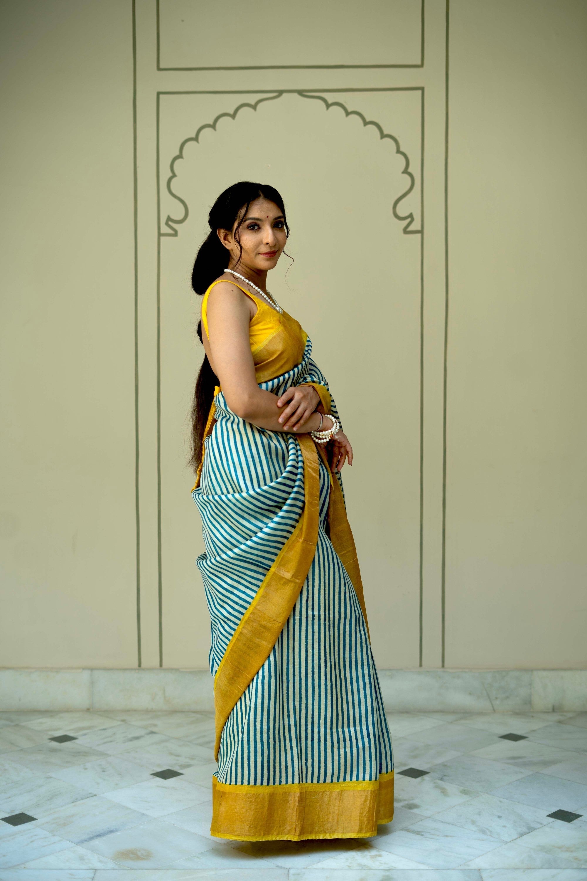 Beige-Blue Jari Tussar Silk Saree with Handblock Stripes and Zari Border | SILK MARK CERTIFIED | Shobitam