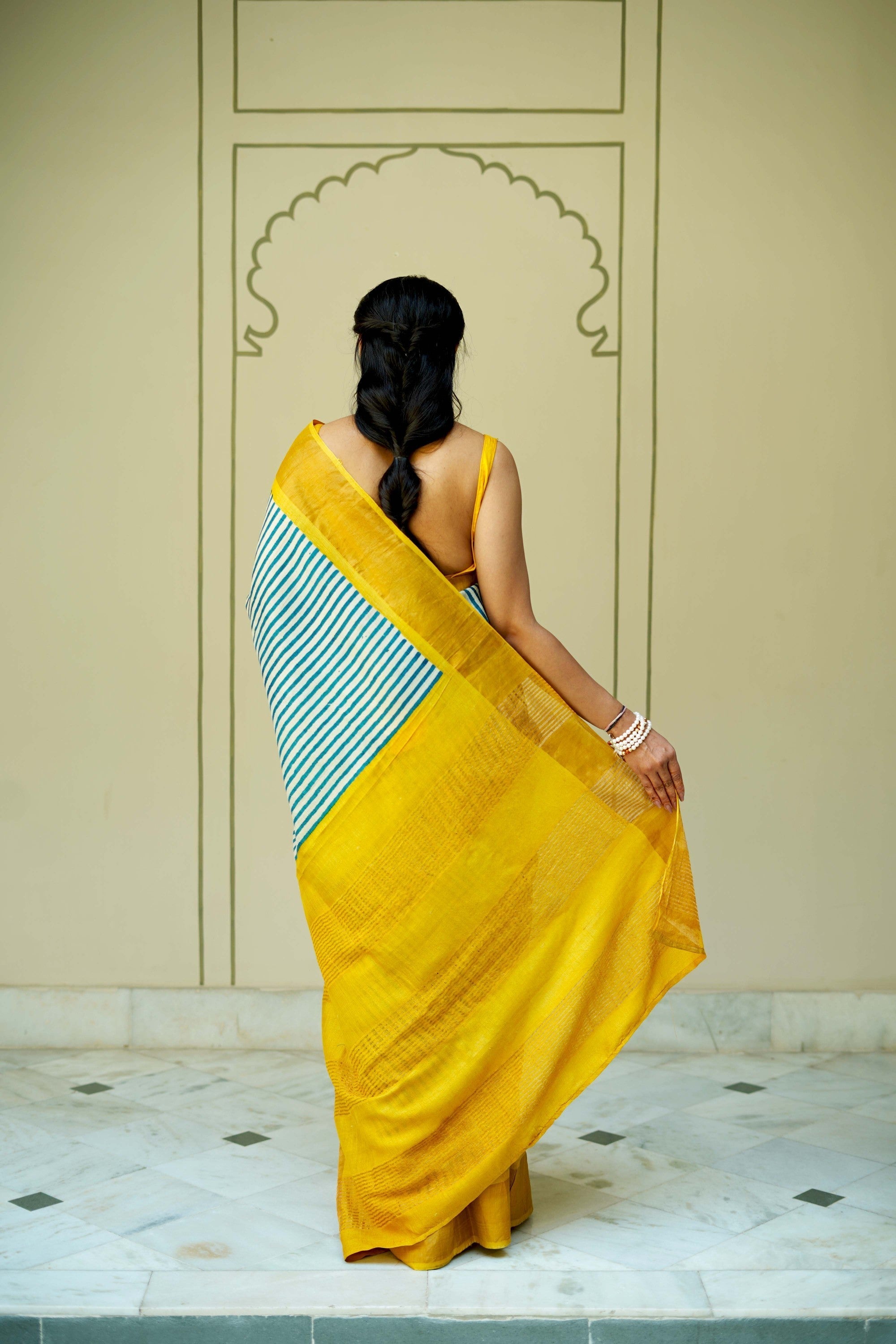 Beige-Blue Jari Tussar Silk Saree with Handblock Stripes and Zari Border | SILK MARK CERTIFIED | Shobitam
