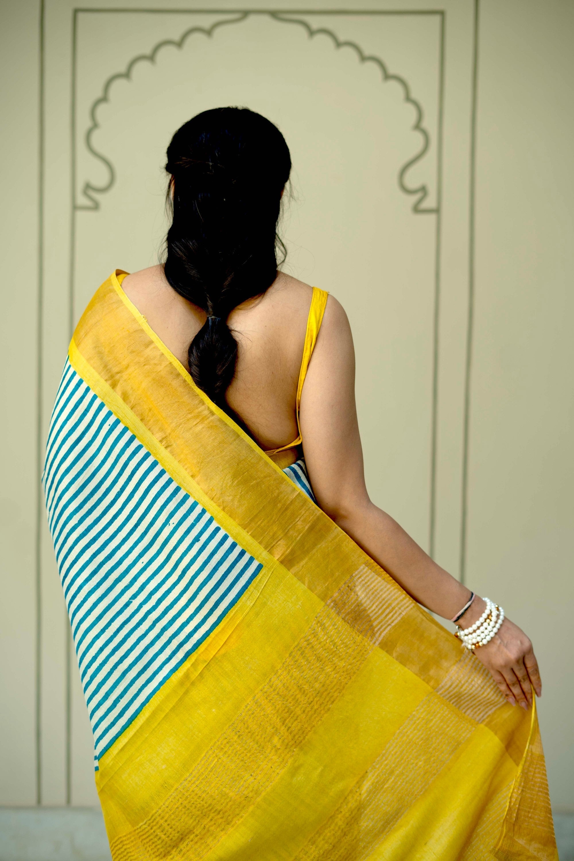Beige-Blue Jari Tussar Silk Saree with Handblock Stripes and Zari Border | SILK MARK CERTIFIED | Shobitam