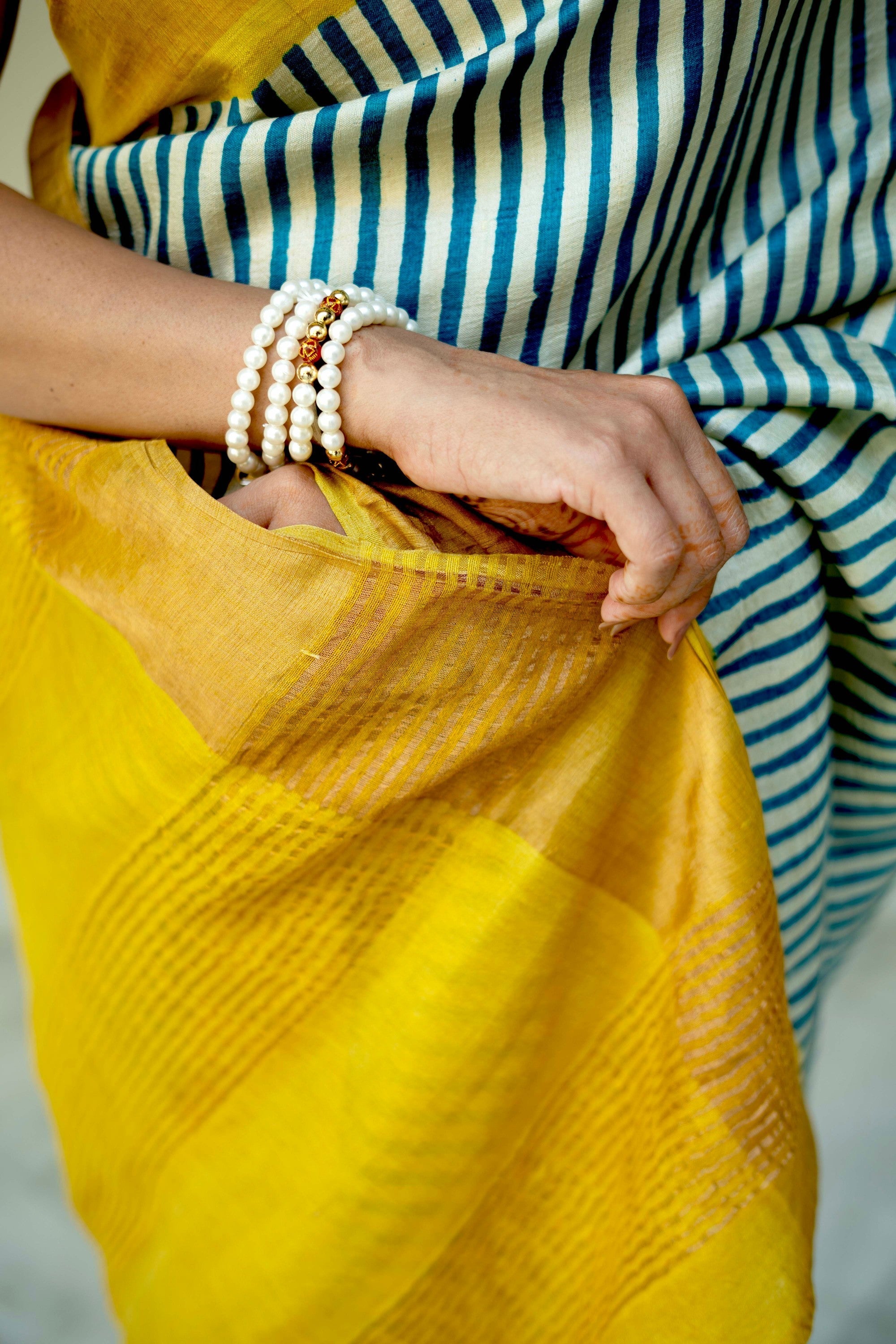 Beige-Blue Jari Tussar Silk Saree with Handblock Stripes and Zari Border | SILK MARK CERTIFIED | Shobitam