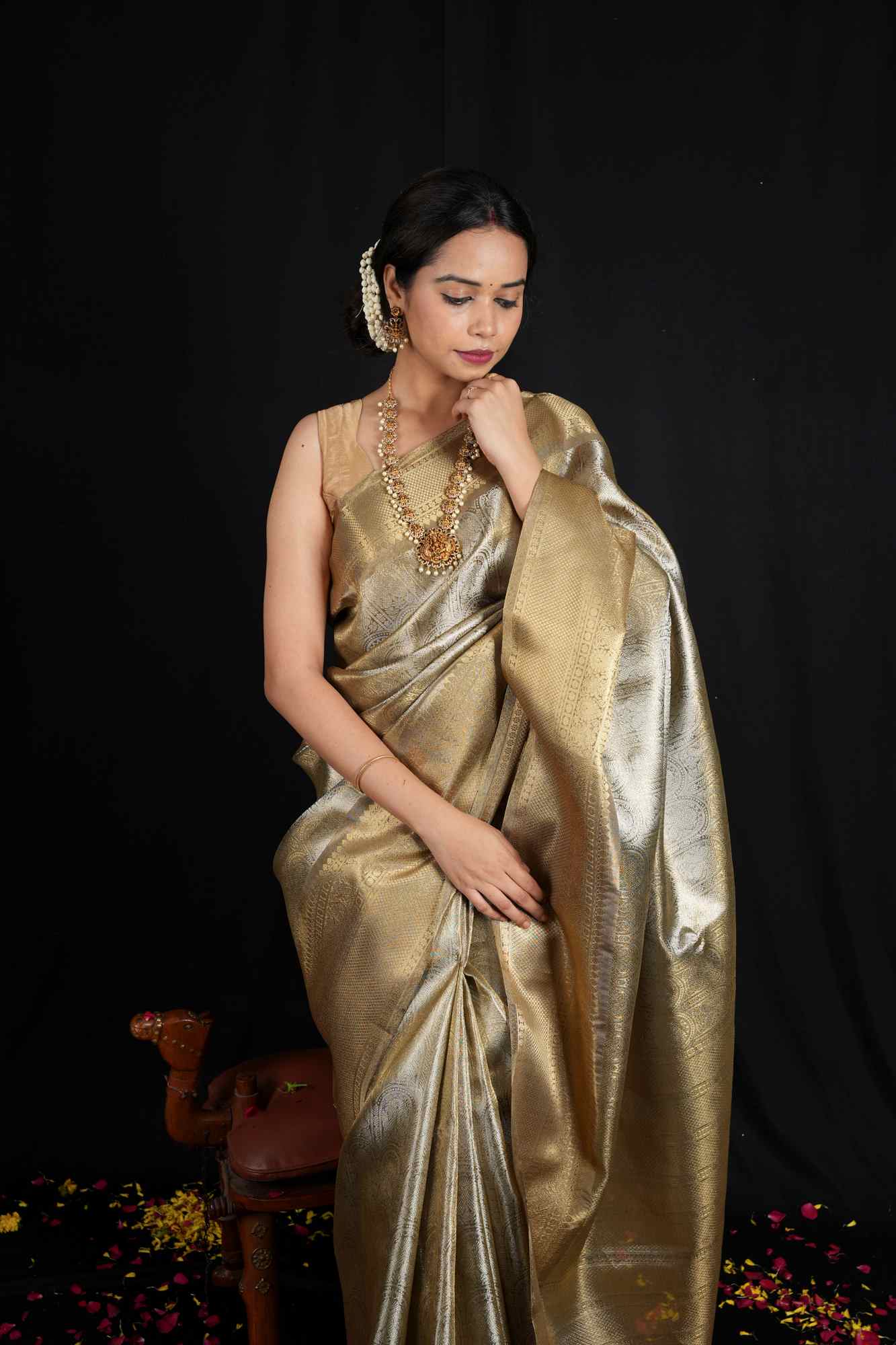 Soft Tissue Silk with Banarasi Motifs & Golden Zari Border Ready To Wear Saree