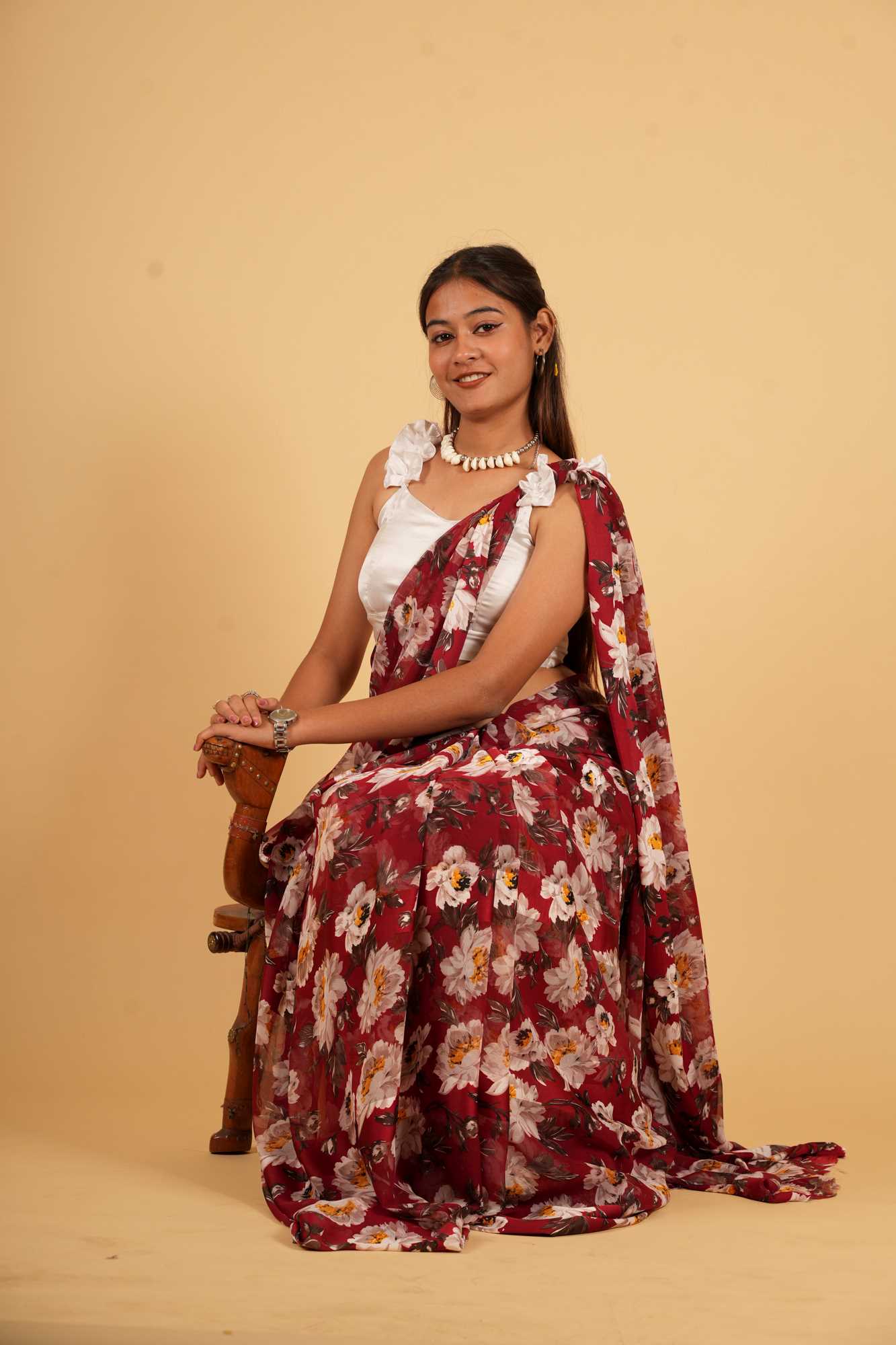 Deep Red Georgette with White & Yellow Floral Print Ready To Wear Saree