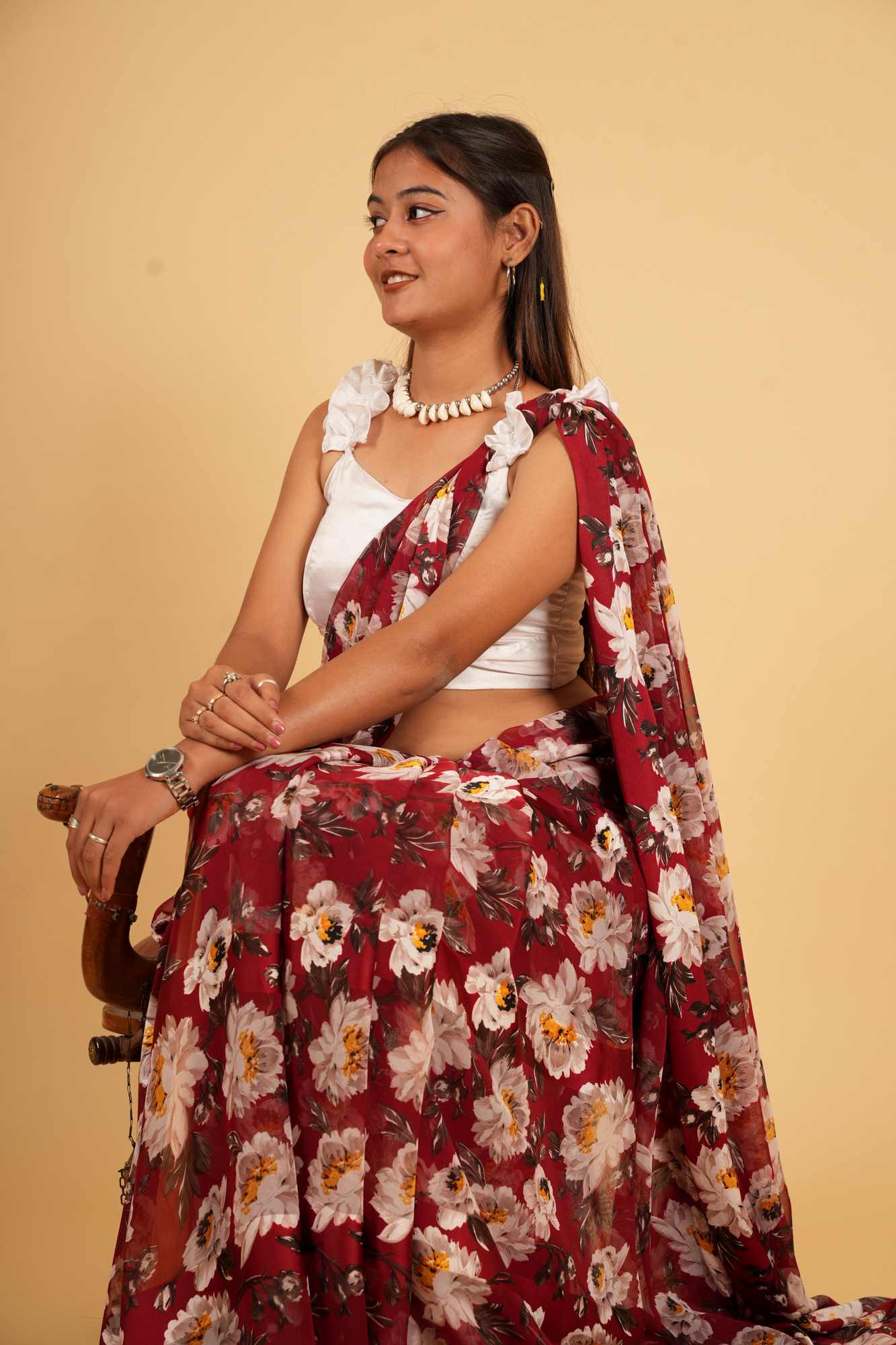 Deep Red Georgette with White & Yellow Floral Print Ready To Wear Saree