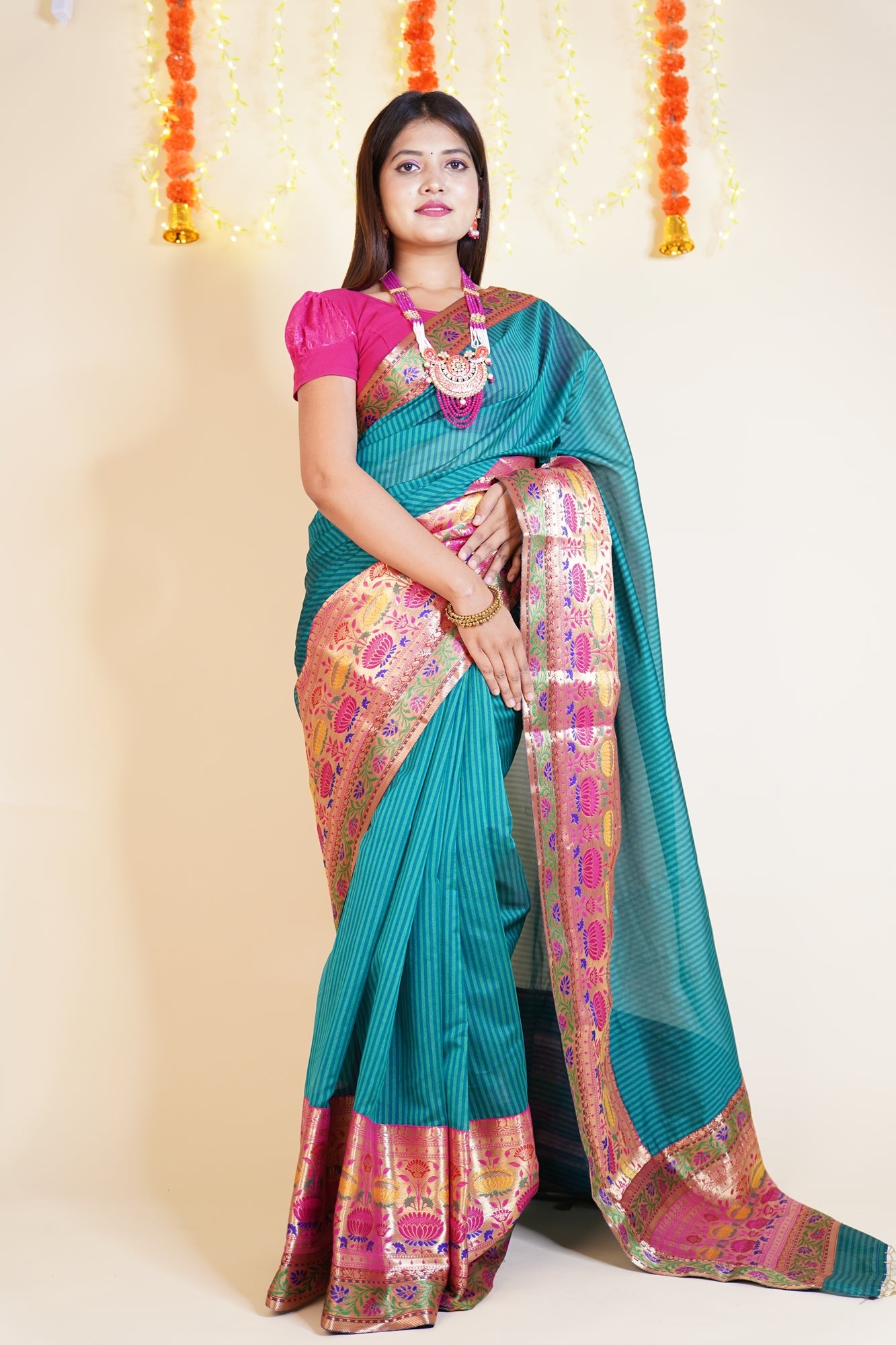 Beautiful Green Banarasi Saree with Pink Paithani Pallu work wrap in 1 minute saree - Isadora Life Online Shopping Store