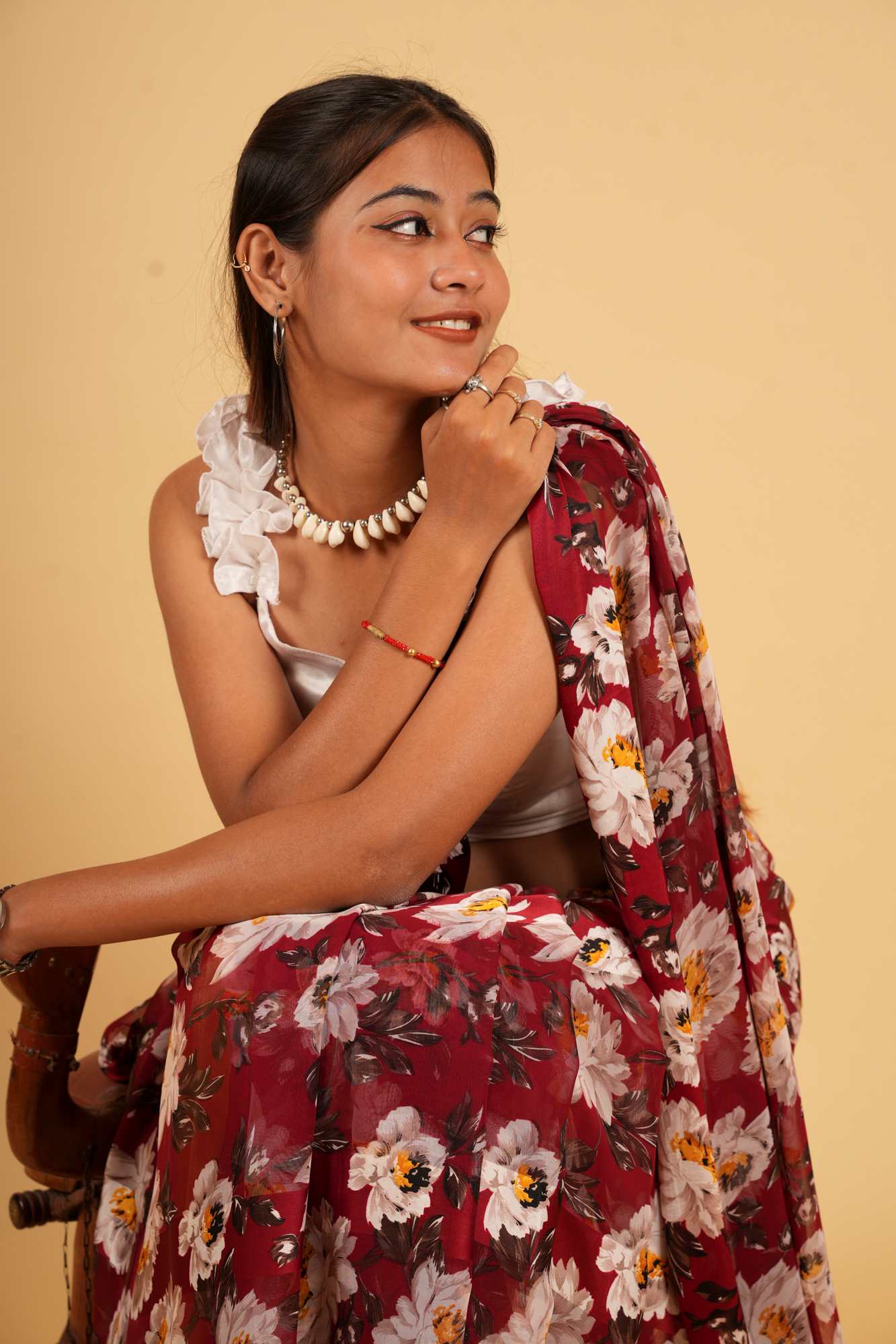 Deep Red Georgette with White & Yellow Floral Print Ready To Wear Saree