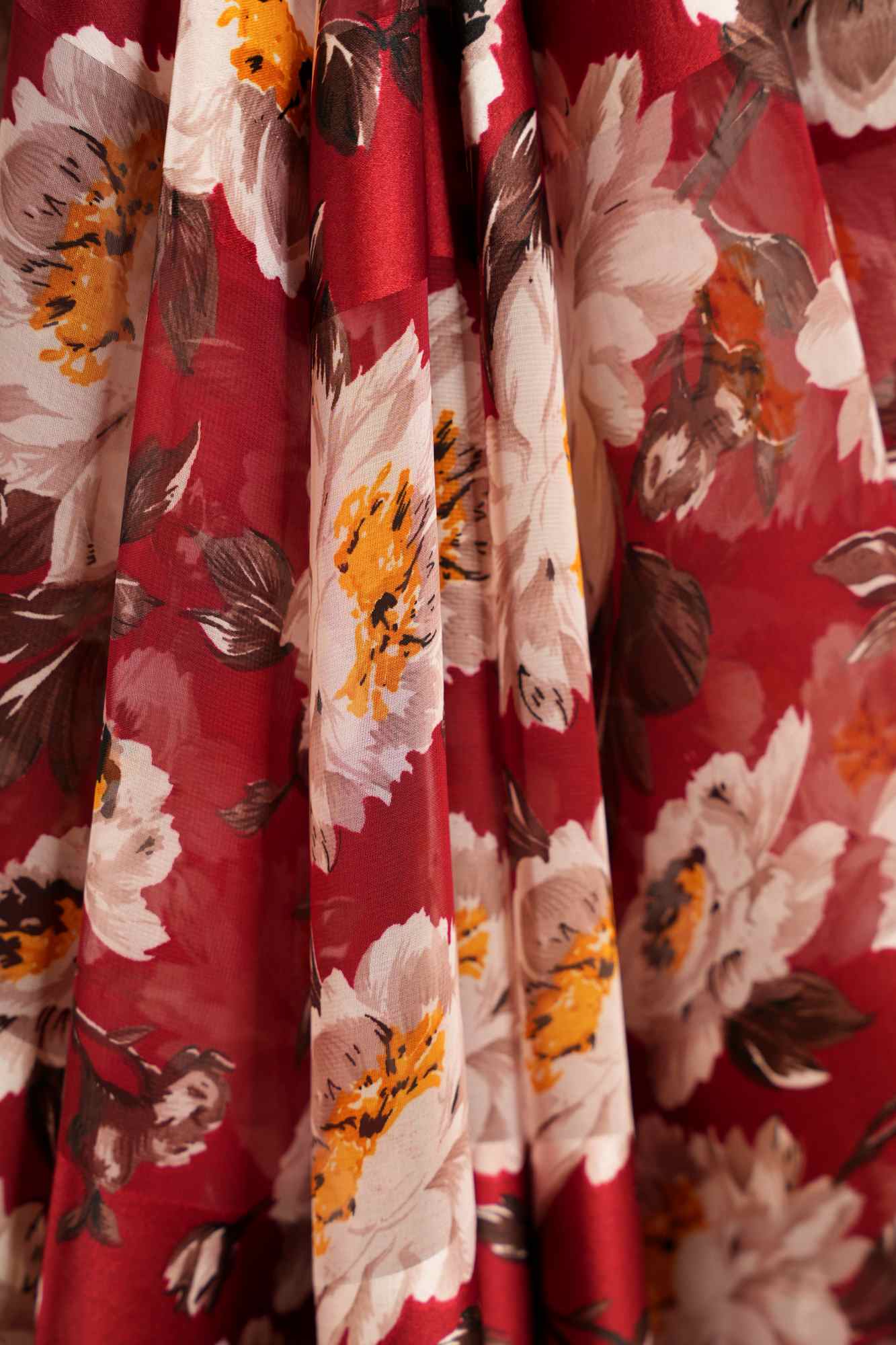 Deep Red Georgette with White & Yellow Floral Print Ready To Wear Saree