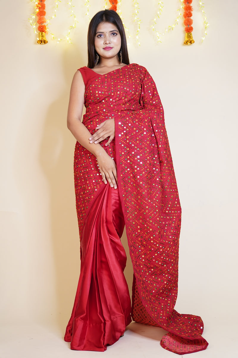 Designer embroidered Mirror Work Half and Half readymade one minute saree with stitched blouse - Isadora Life Online Shopping Store
