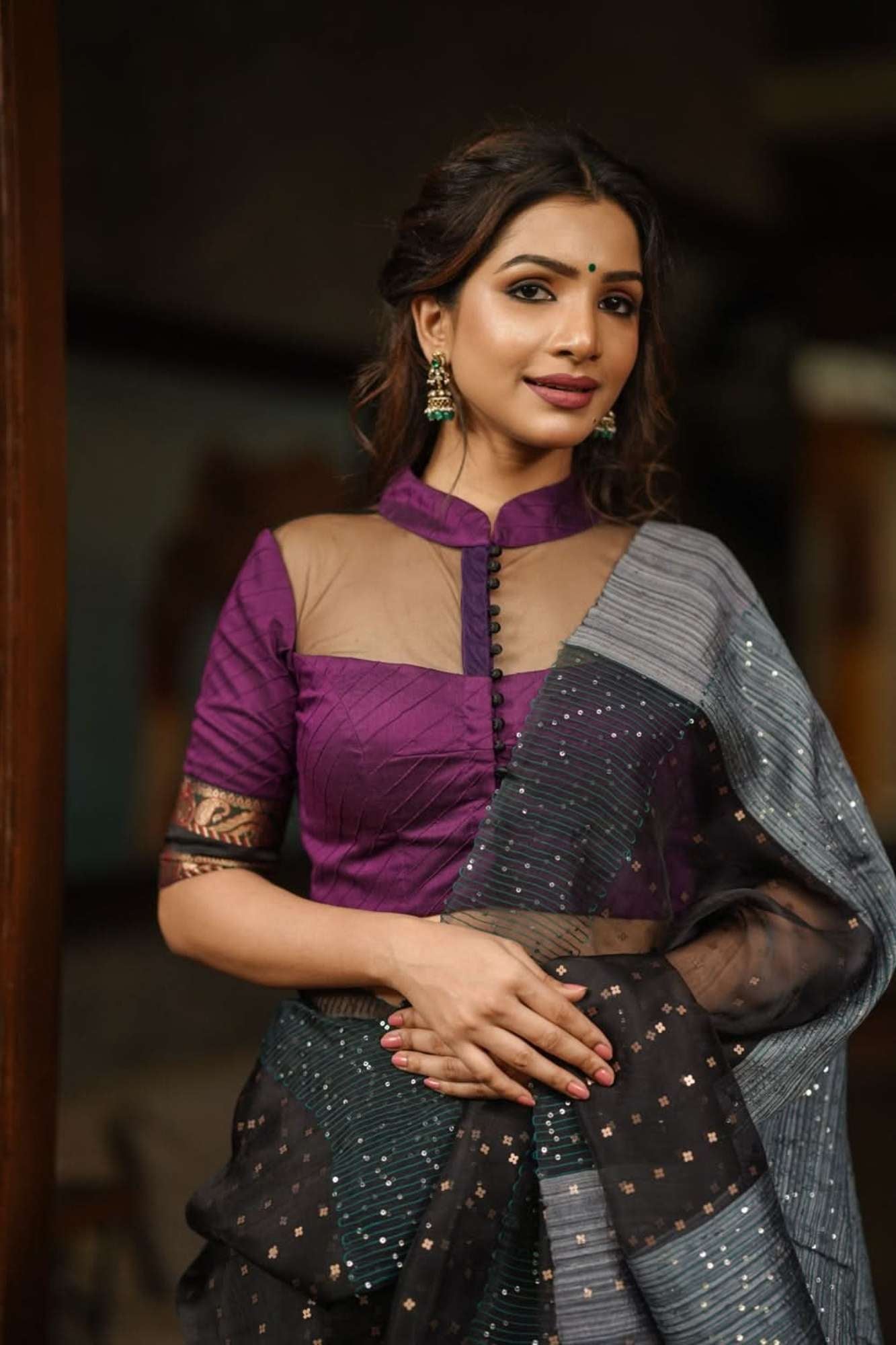 Grape rawsilk pintuck collar neck blouse with black net yoke, Made to Order