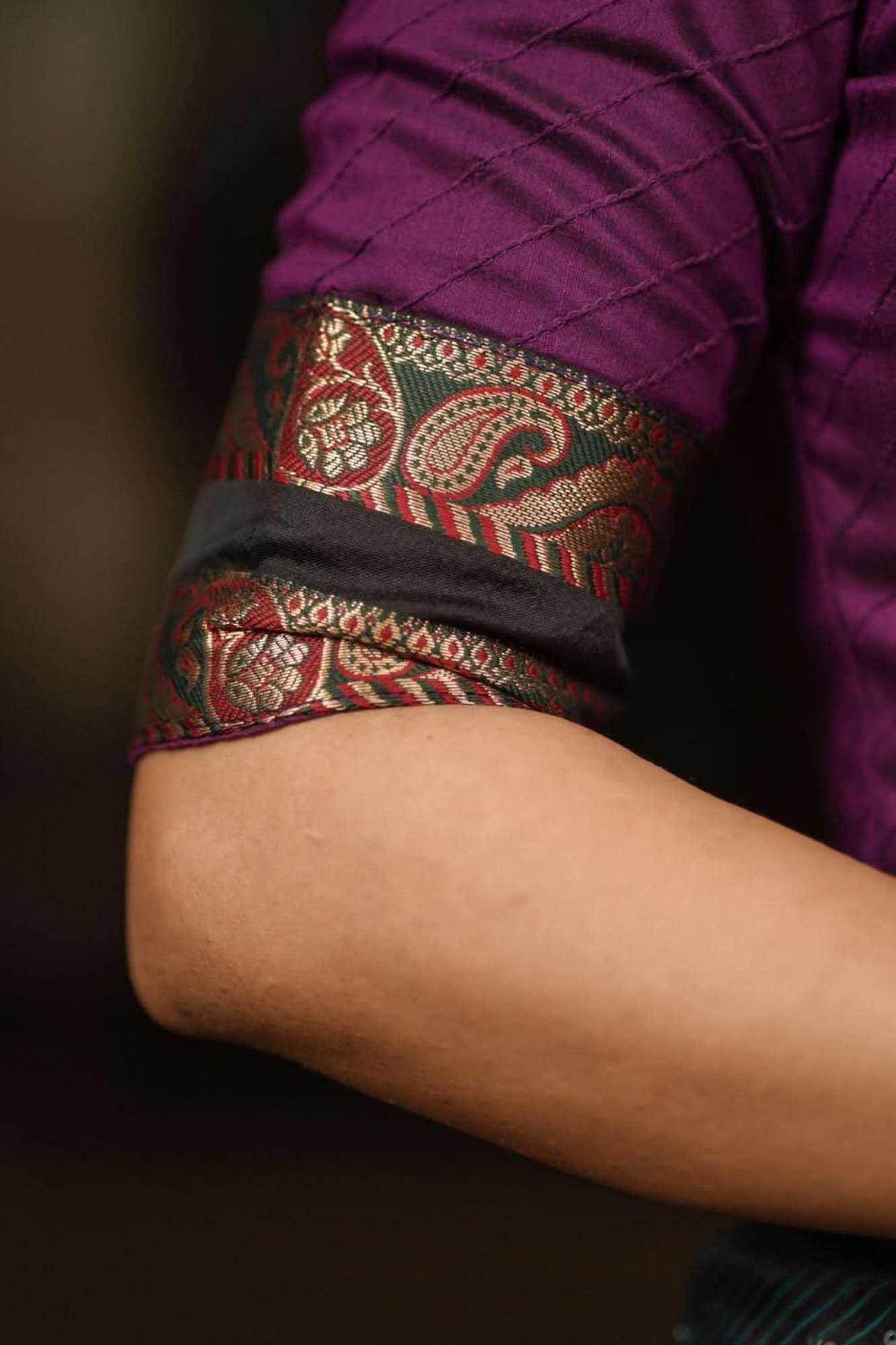 Grape rawsilk pintuck collar neck blouse with black net yoke, Made to Order