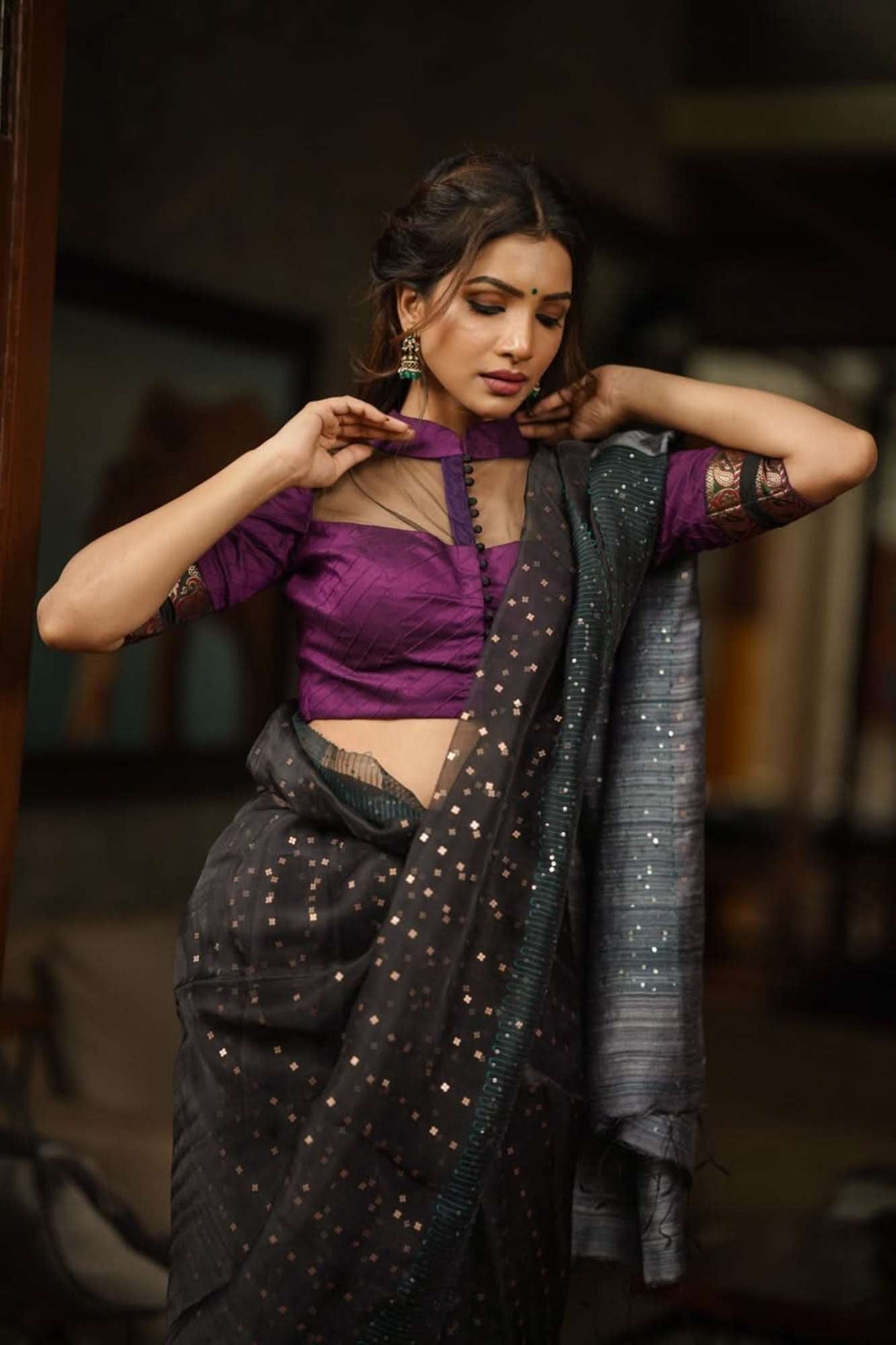 Grape rawsilk pintuck collar neck blouse with black net yoke, Made to Order