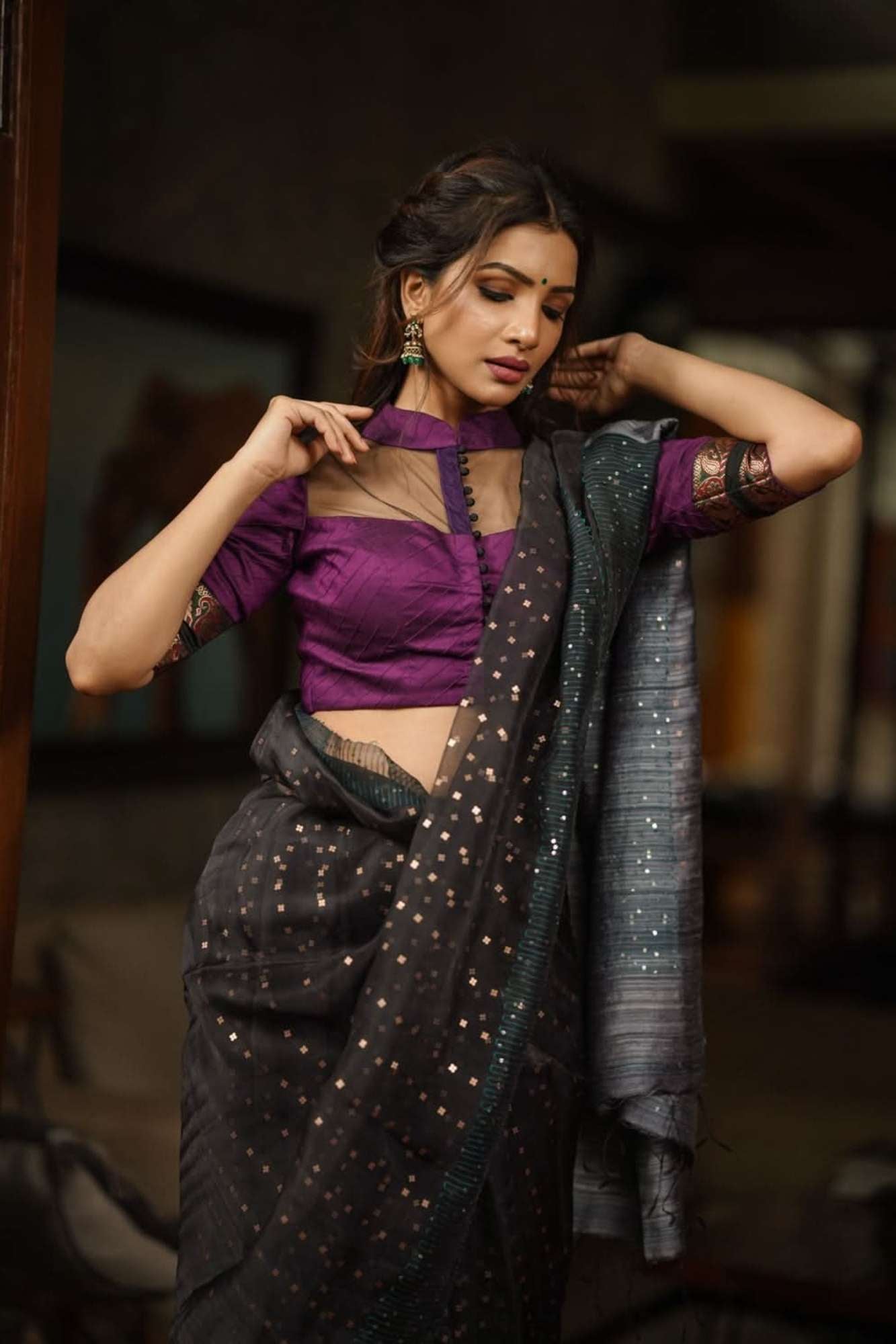 Grape rawsilk pintuck collar neck blouse with black net yoke, Made to Order