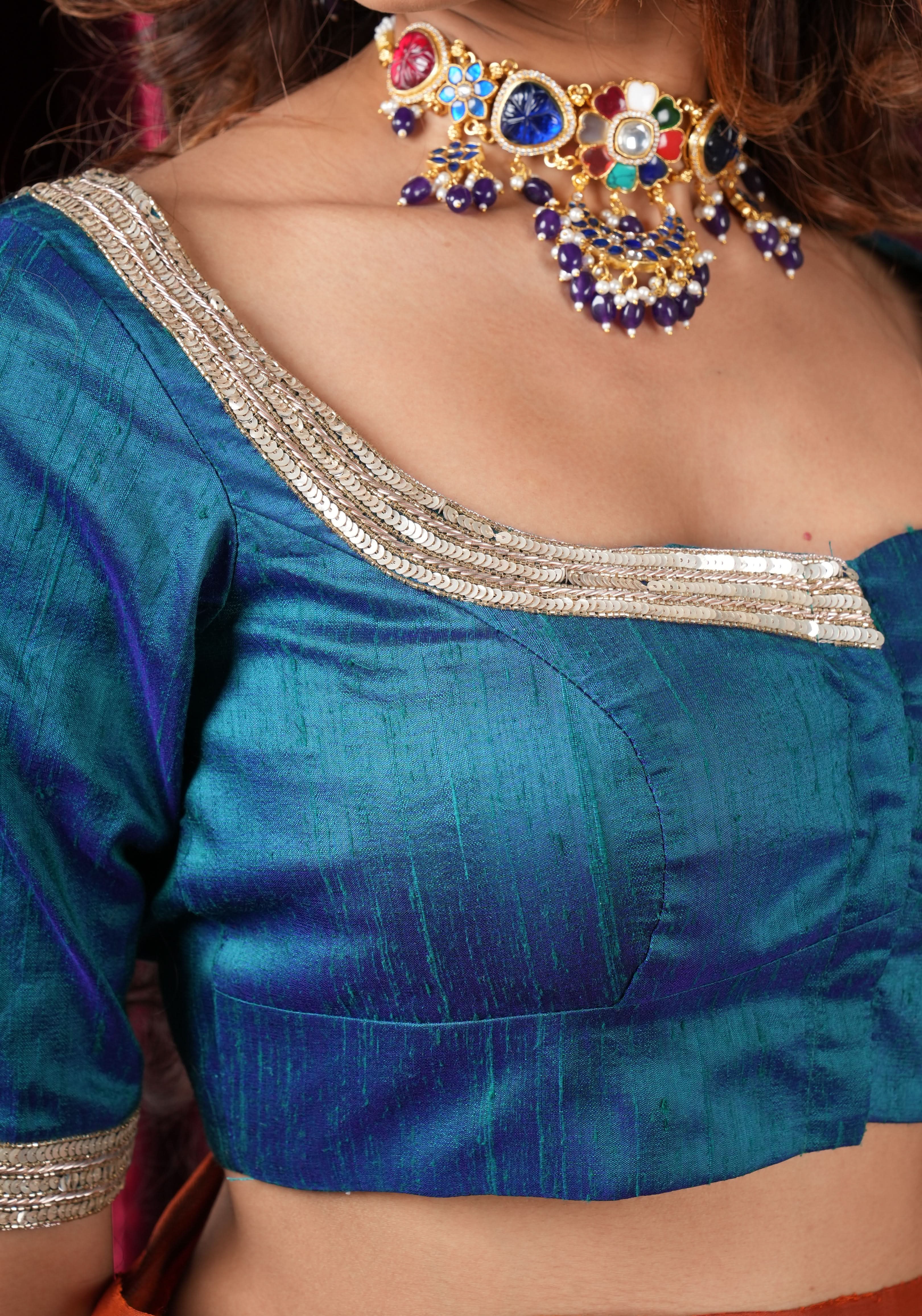 Peacock Blue Pure Raw Silk Blouse with Cutwork detailing, hand zardosi work, Made to Order | Shobitam