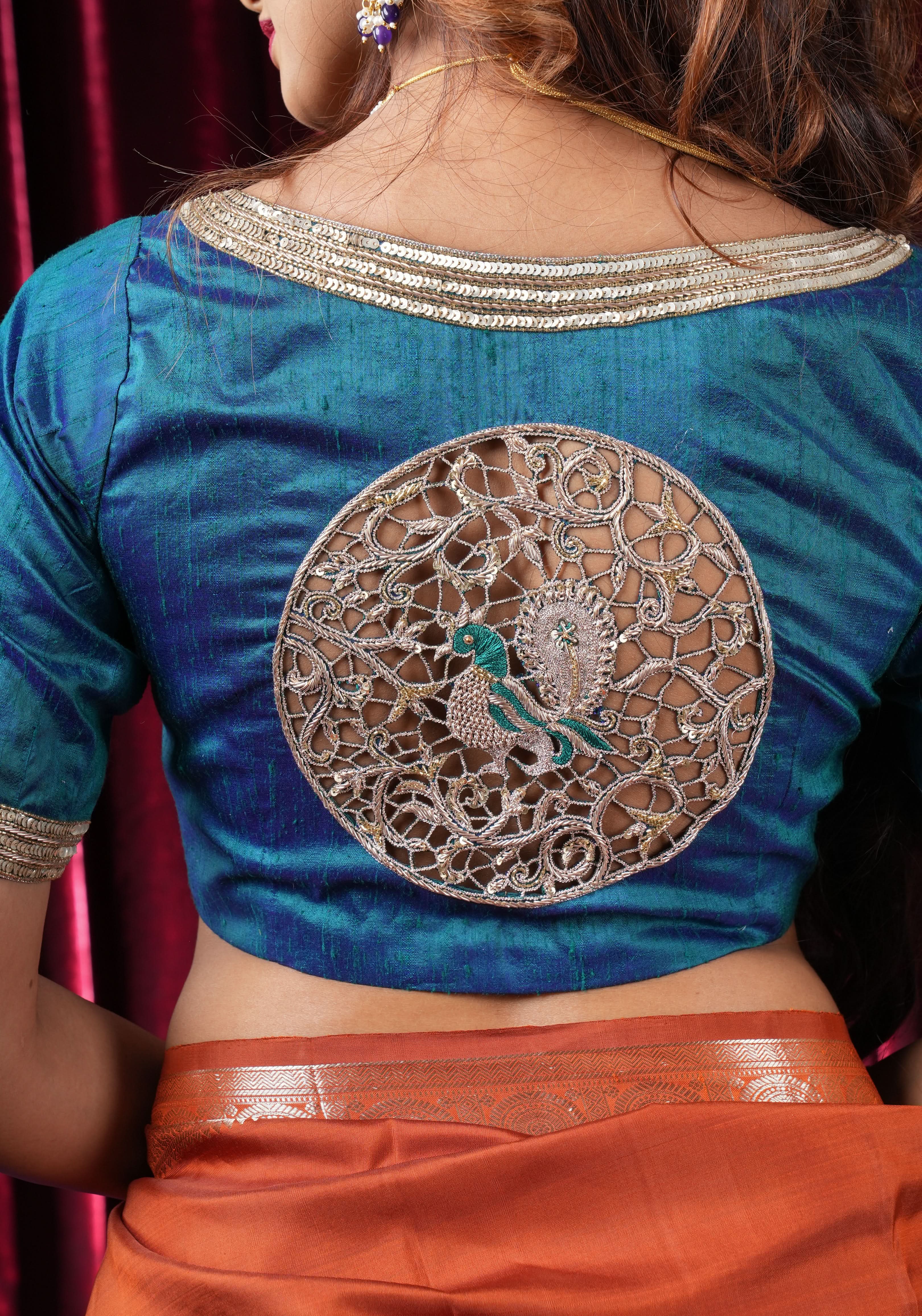 Peacock Blue Pure Raw Silk Blouse with Cutwork detailing, hand zardosi work, Made to Order | Shobitam