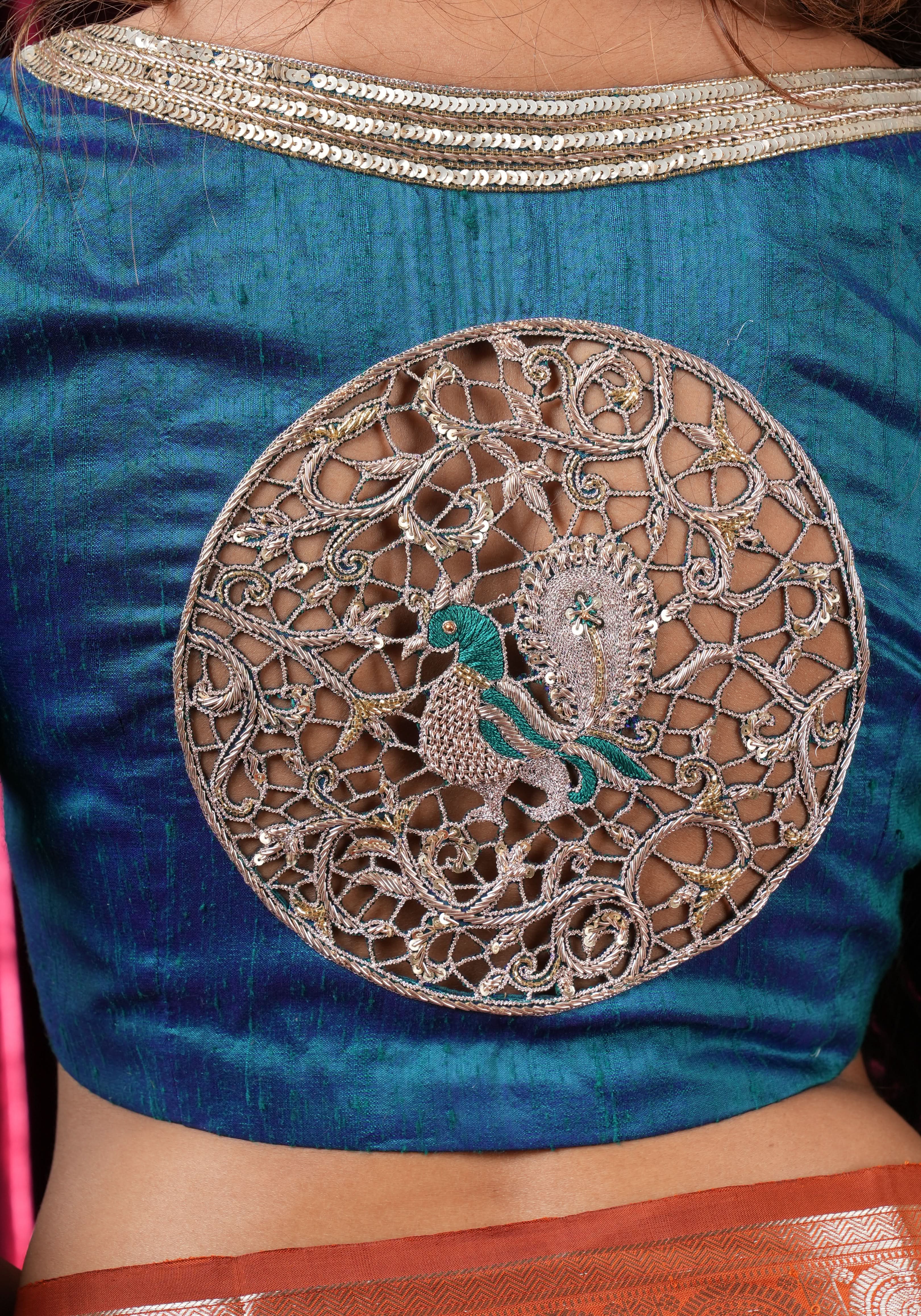 Peacock Blue Pure Raw Silk Blouse with Cutwork detailing, hand zardosi work, Made to Order | Shobitam
