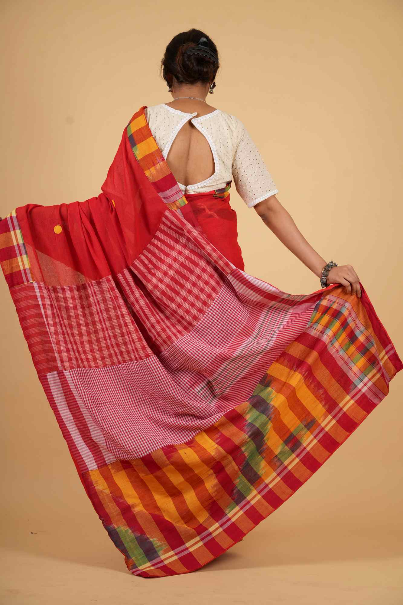 Cotton Red Gamcha Pattern Mix & Match Ready To Wear Saree